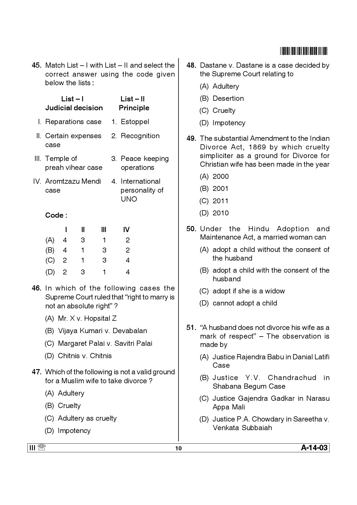 Telangana SET Law 2014 Question Paper III 9