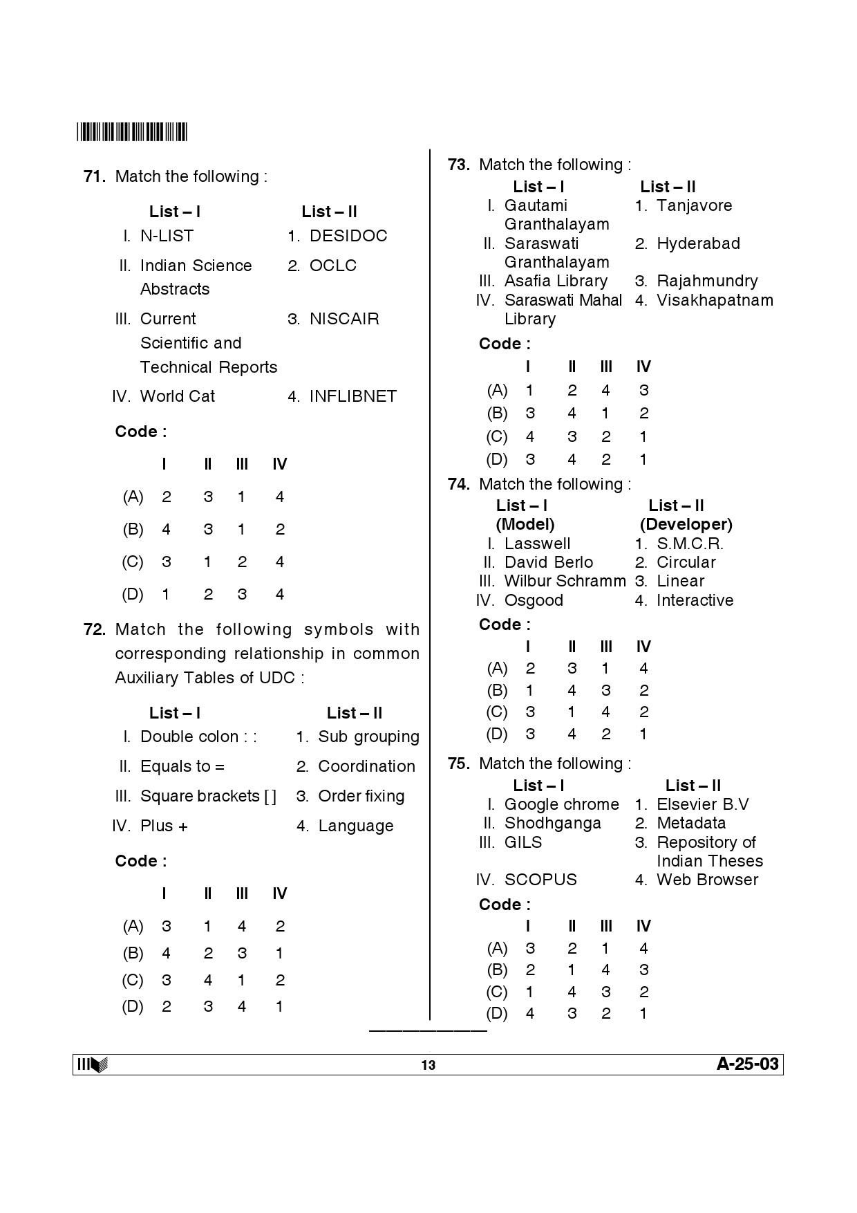 Telangana SET Library and Information Science 2013 Question Paper III 12