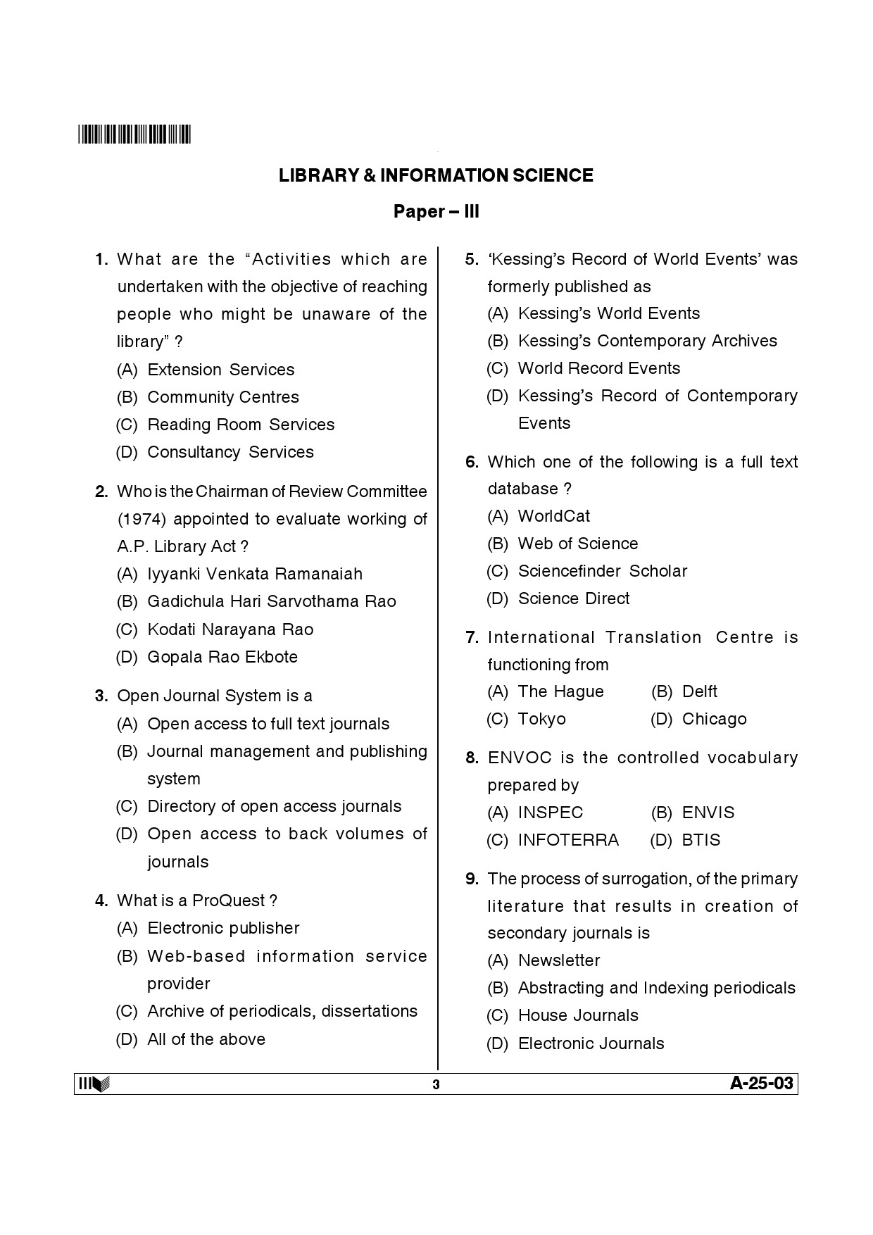 Telangana SET Library and Information Science 2013 Question Paper III 2