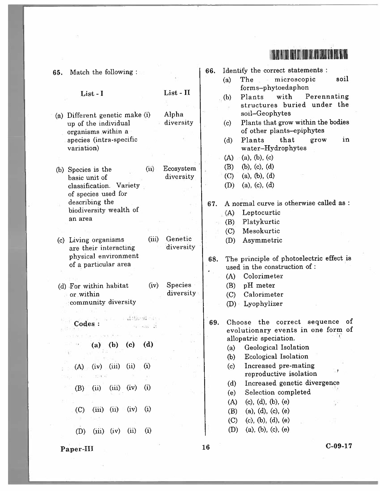 Telangana SET Life Sciences 2017 Question Paper III 15