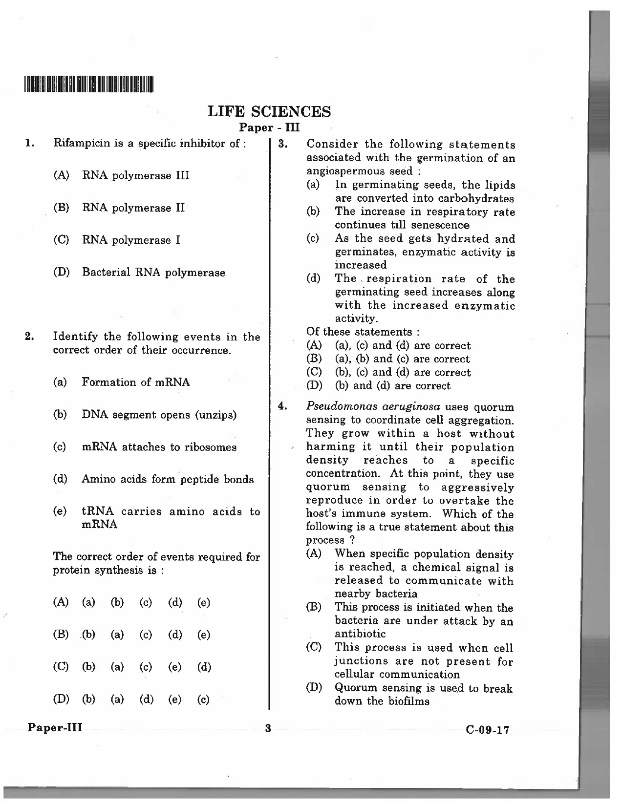 Telangana SET Life Sciences 2017 Question Paper III 2