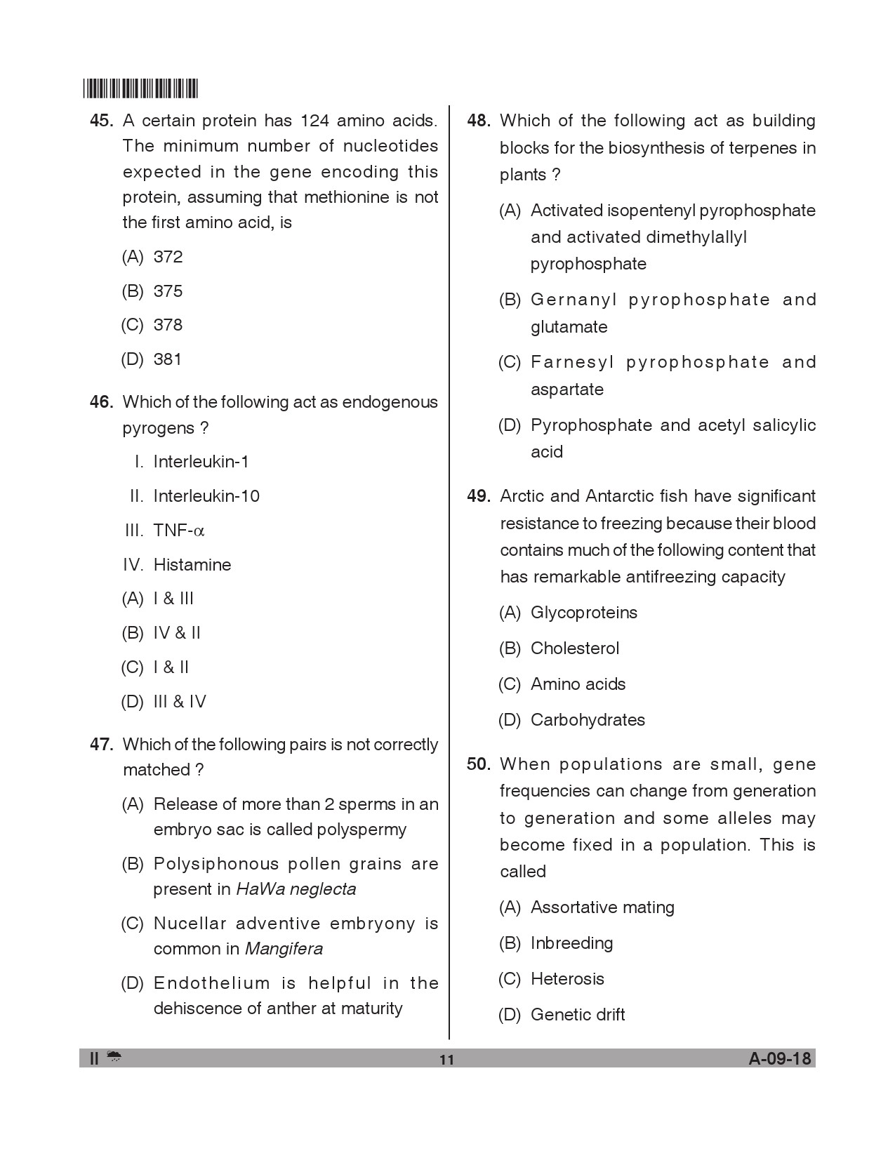 Telangana SET Life Sciences 2018 Question Paper II 10