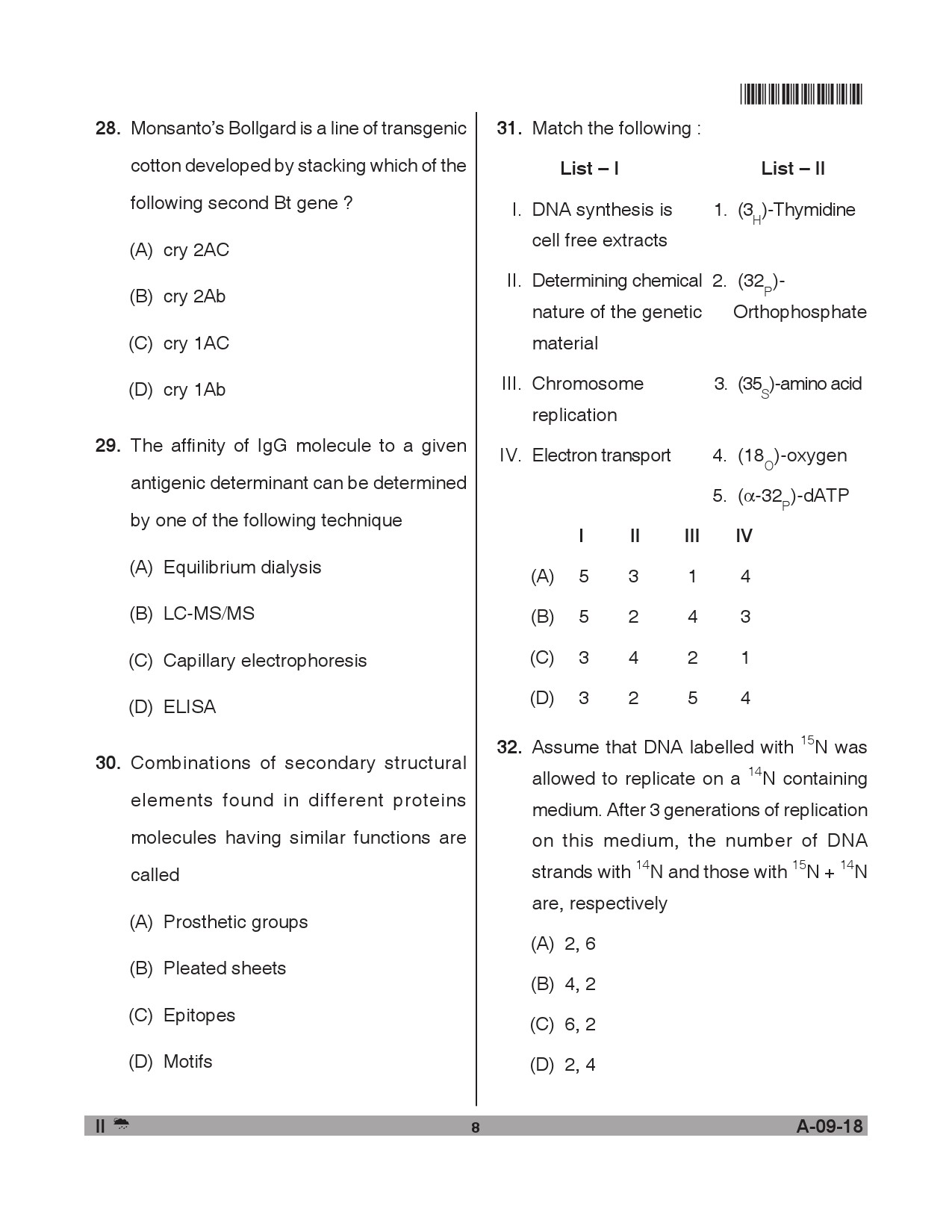 Telangana SET Life Sciences 2018 Question Paper II 7