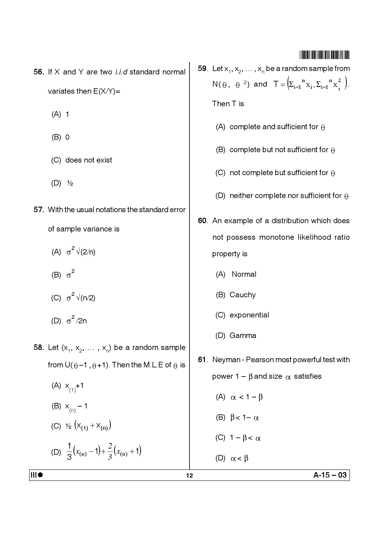 Telangana SET Mathematical Sciences 2012 Question Paper III 11