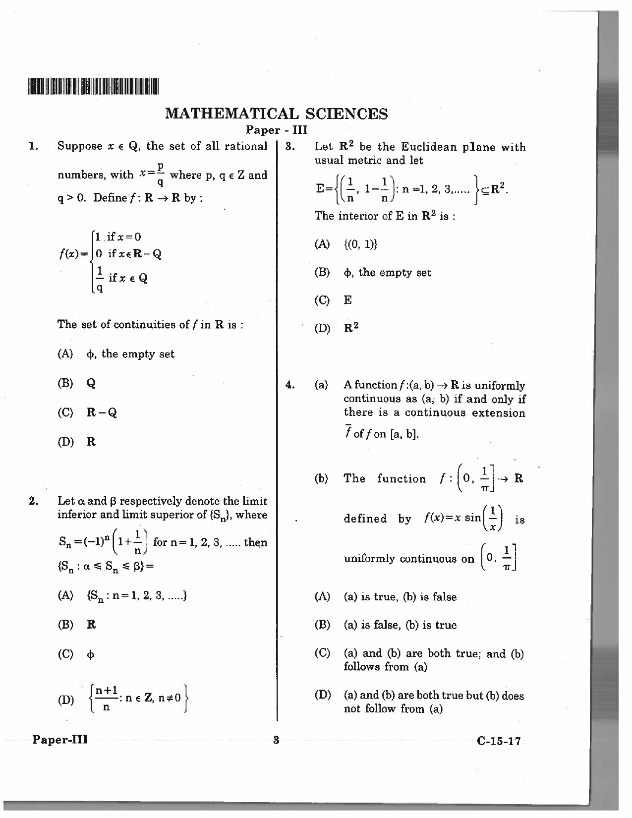 Telangana SET Mathematical Sciences 2017 Question Paper III 2