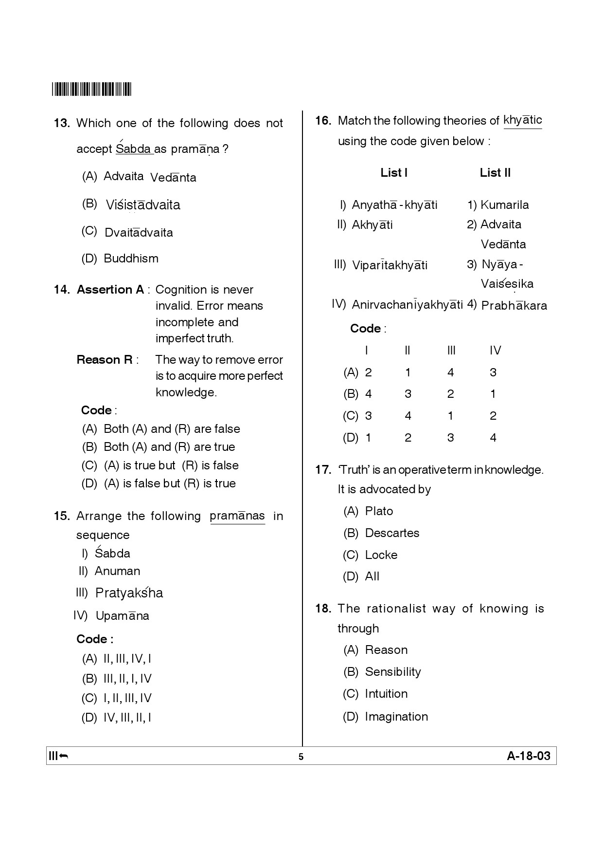 Telangana SET Philosophy 2012 Question Paper III 4