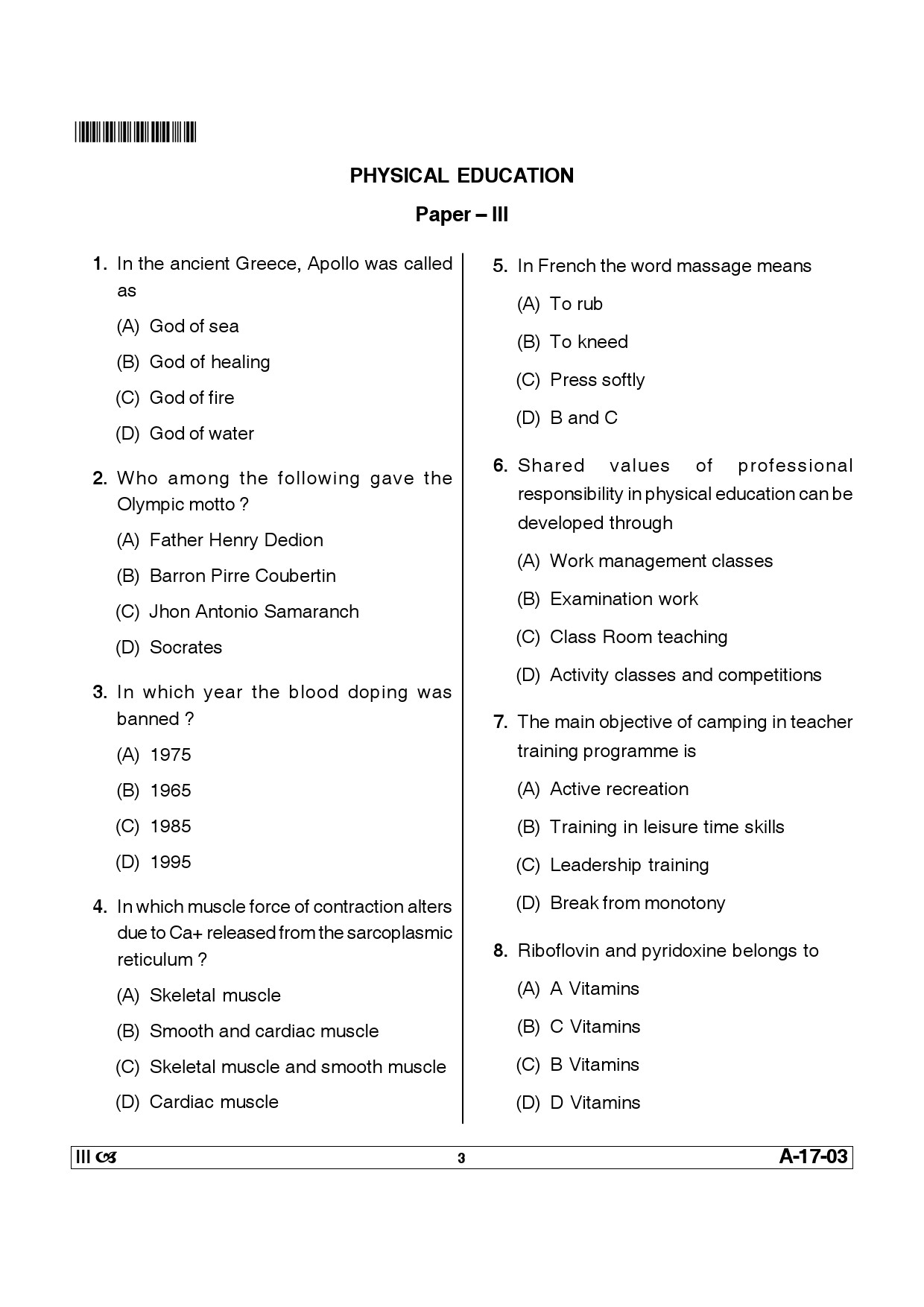 Telangana SET Physical Education 2014 Question Paper III 2