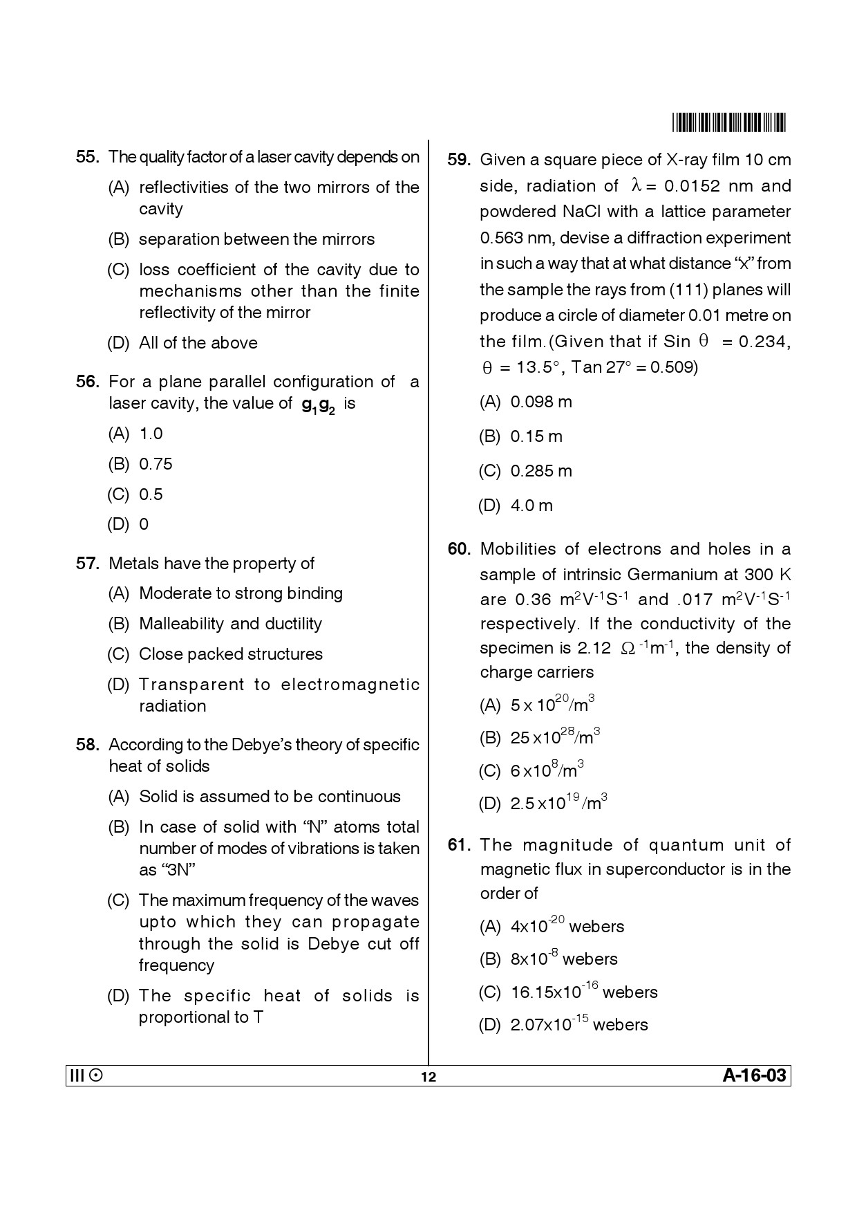 Telangana SET Physical Sciences 2013 Question Paper III 11