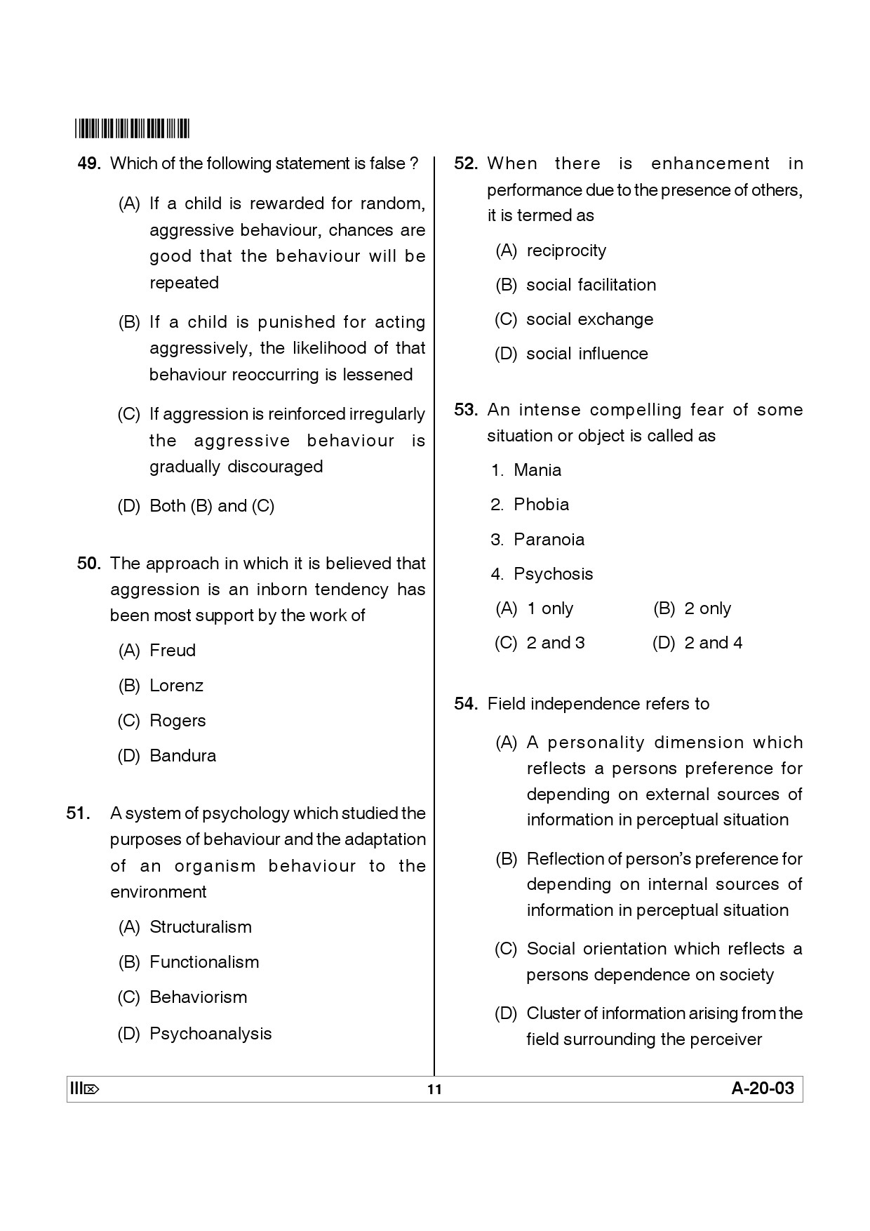 Telangana SET Psychology 2012 Question Paper III 10