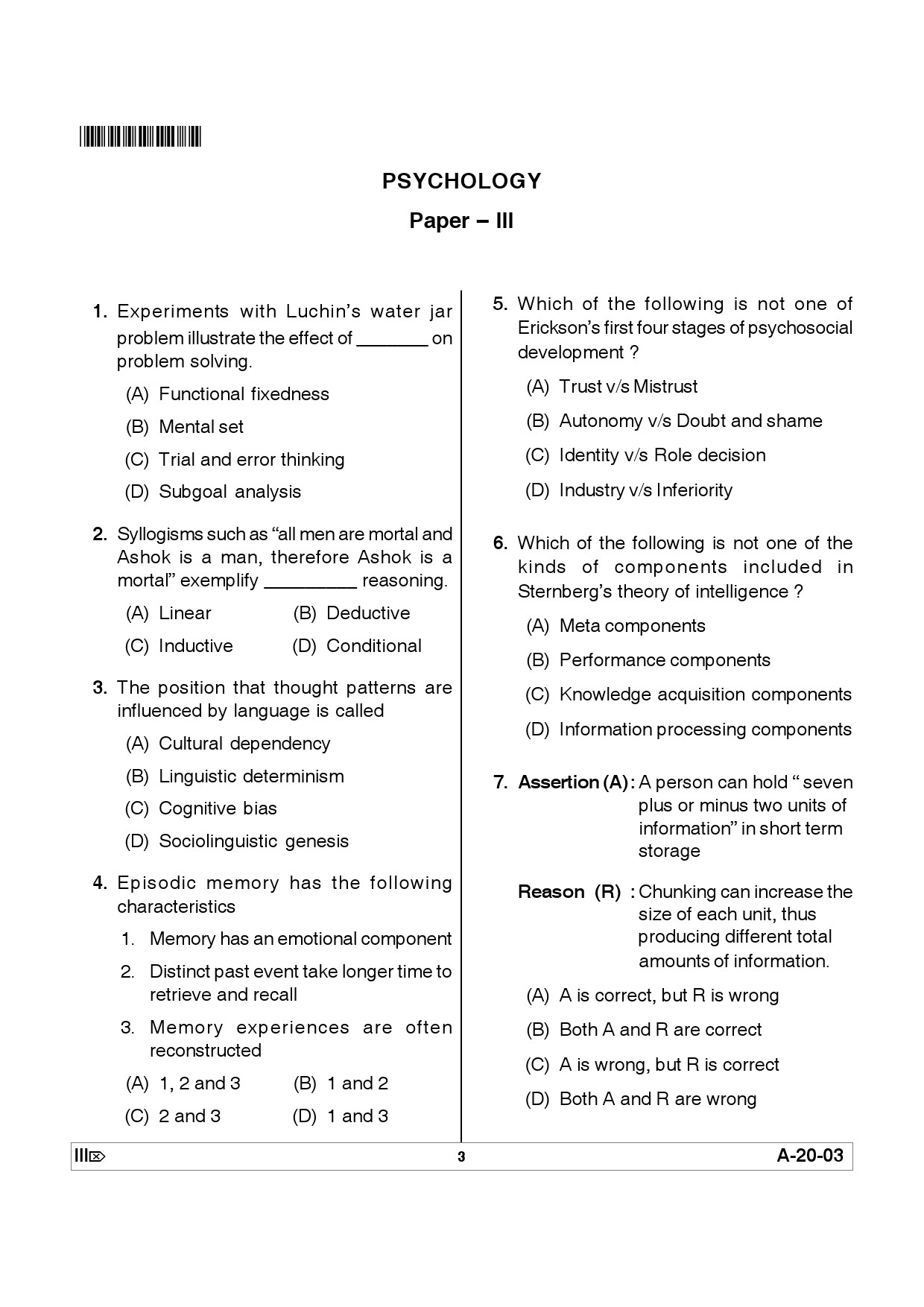 Telangana SET Psychology 2012 Question Paper III 2