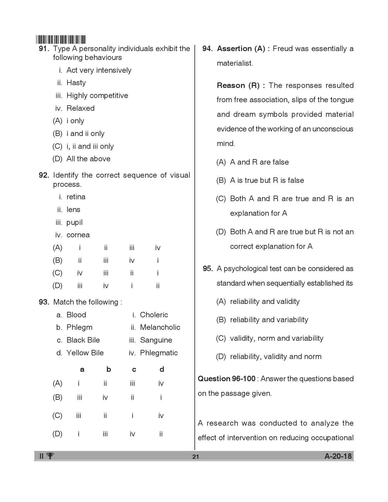 Telangana SET Psychology 2018 Question Paper II 20