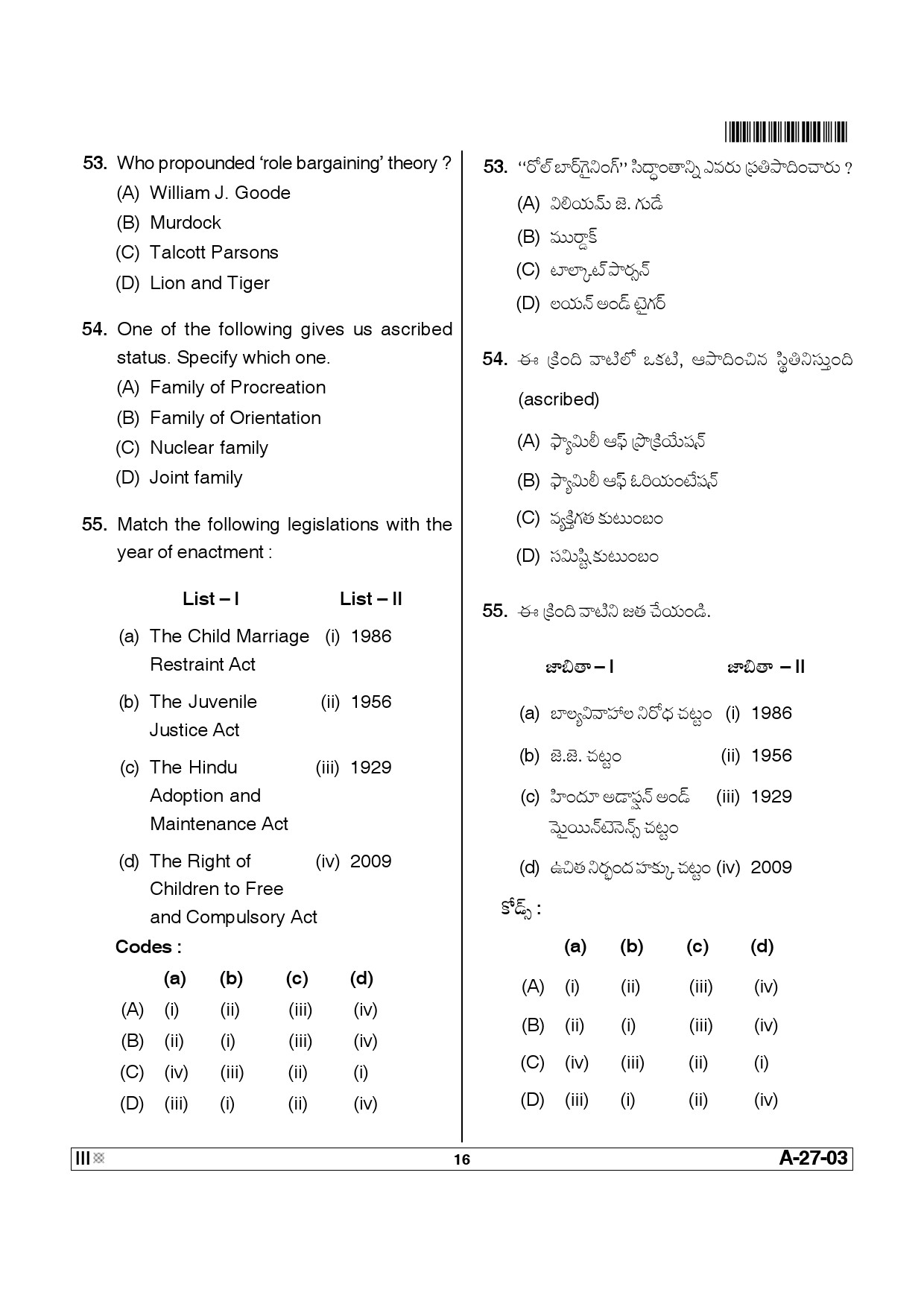 Telangana SET Social Work 2013 Question Paper III 15