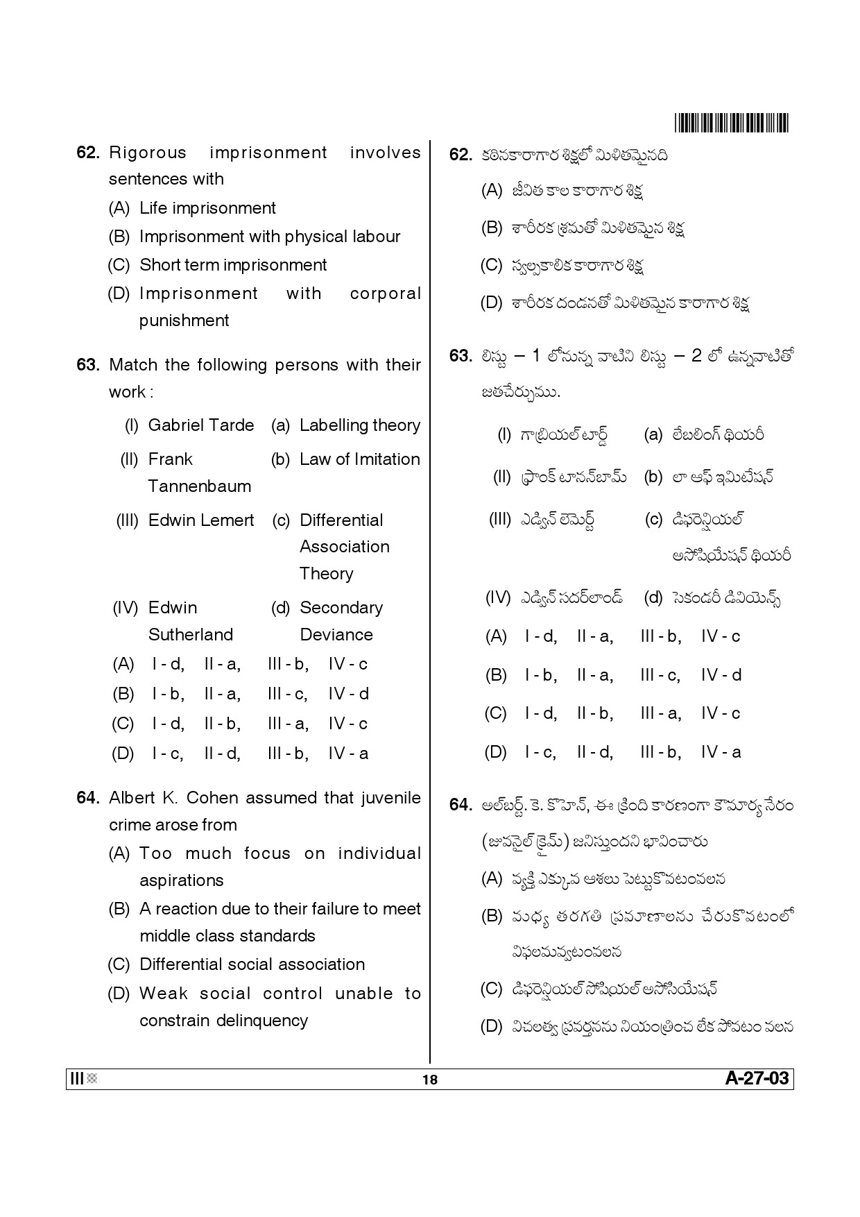 Telangana SET Social Work 2013 Question Paper III 17