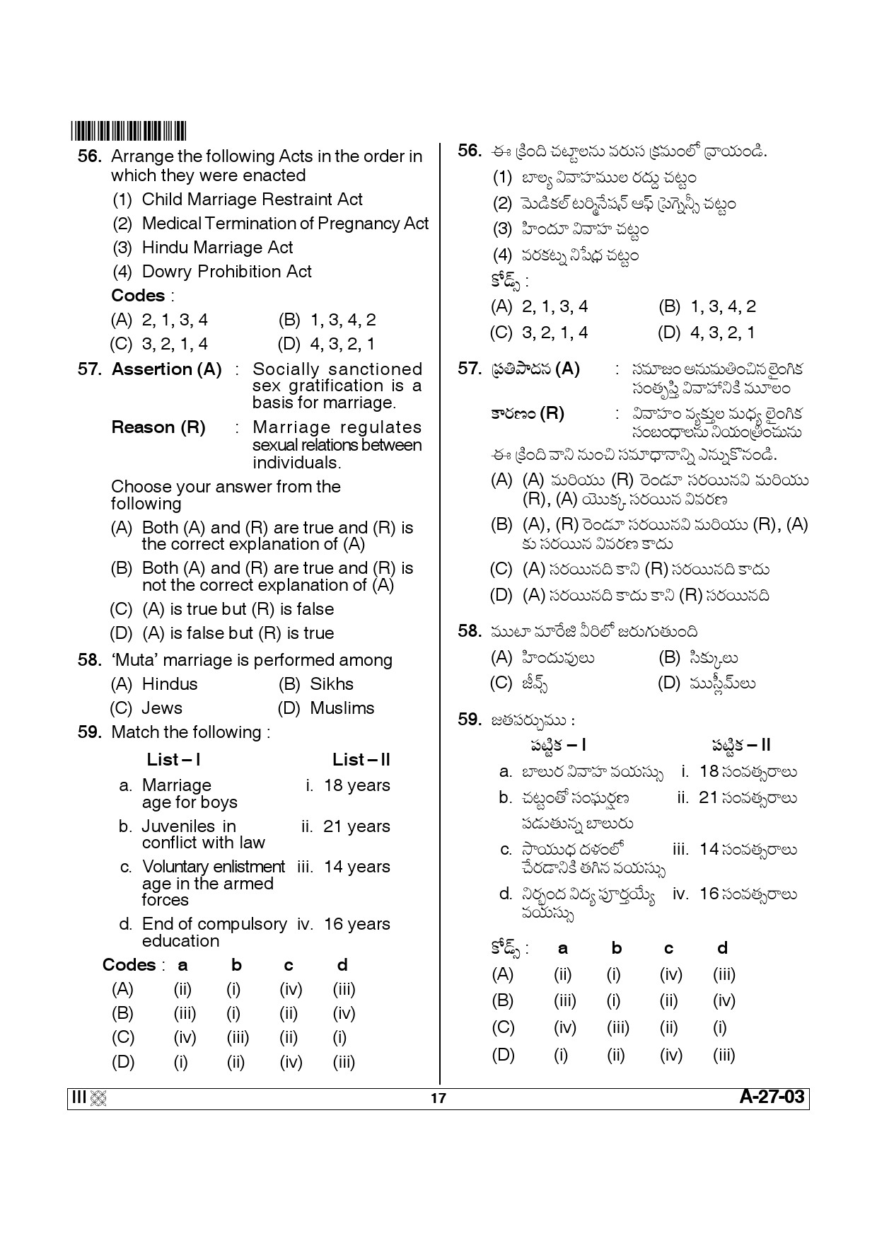 Telangana SET Social Work 2014 Question Paper III 16