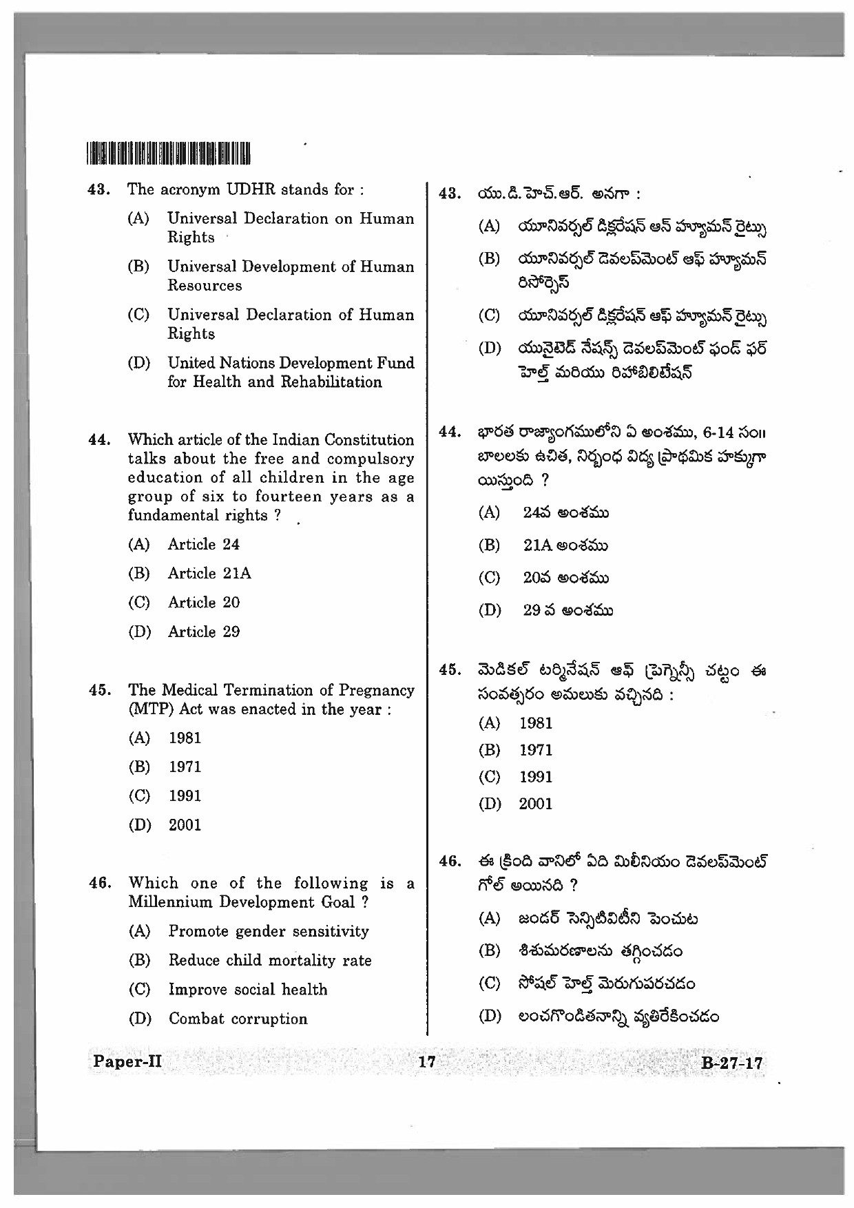 Telangana SET Social Work 2017 Question Paper II 17