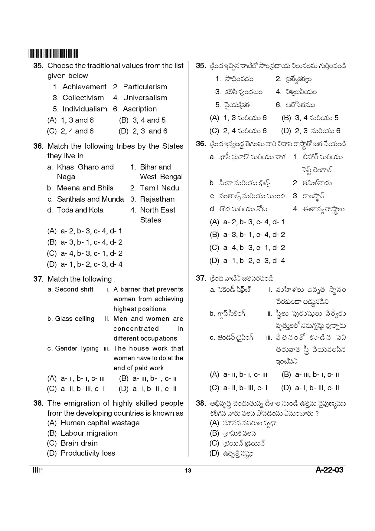 Telangana SET Sociology 2012 Question Paper III 12