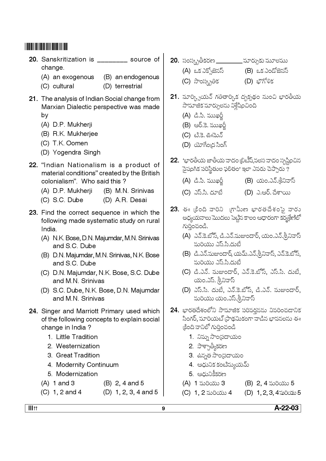 Telangana SET Sociology 2012 Question Paper III 8