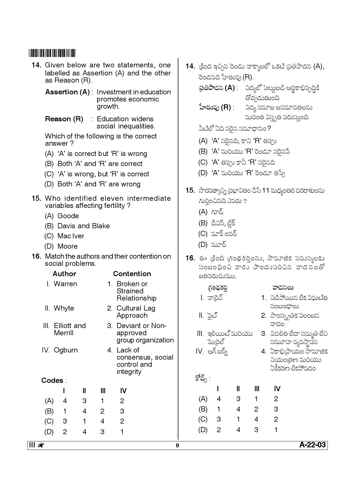 Telangana SET Sociology 2014 Question Paper III 8