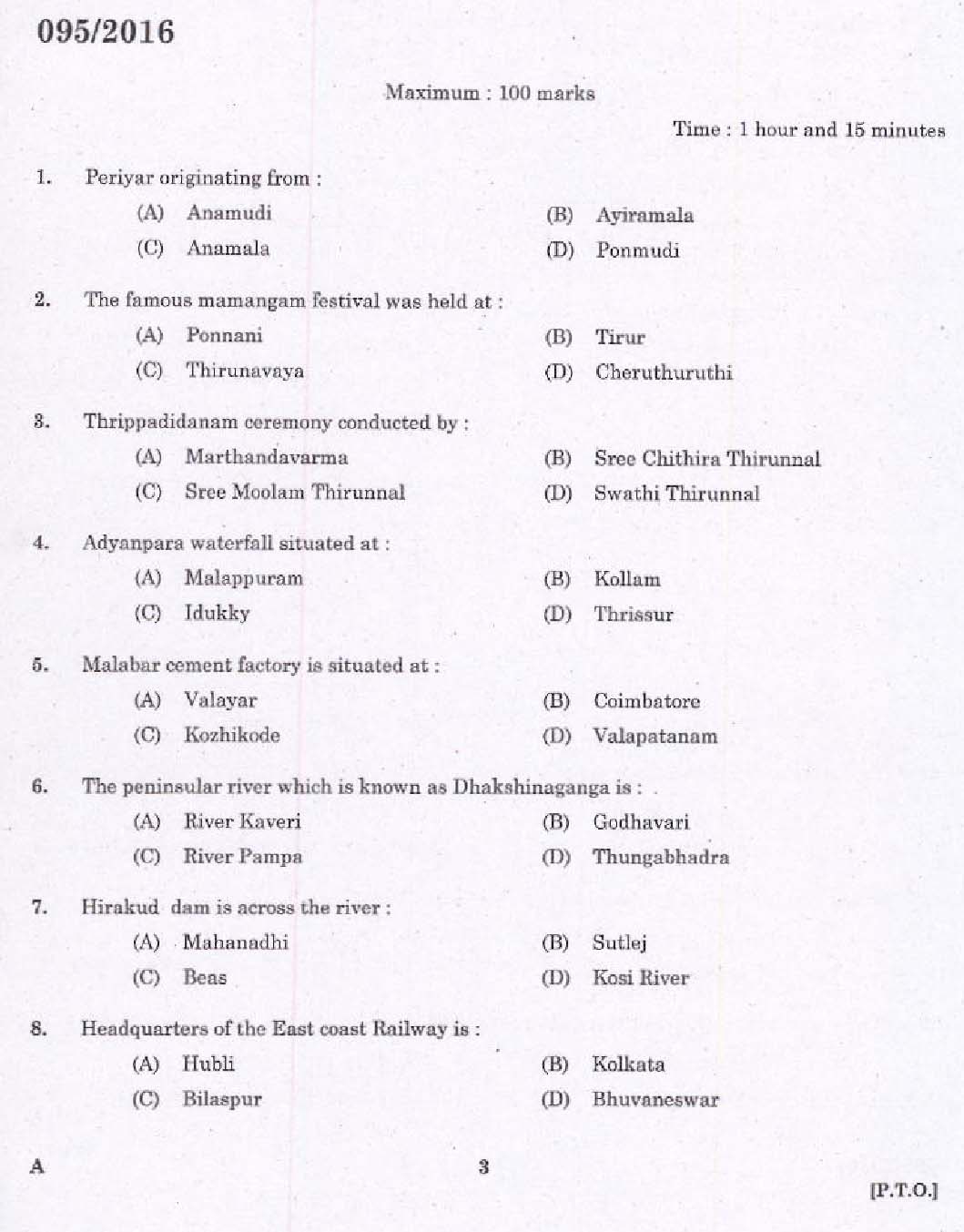 Kerala PSC Telephone Operator Exam Question Code 0952016 1