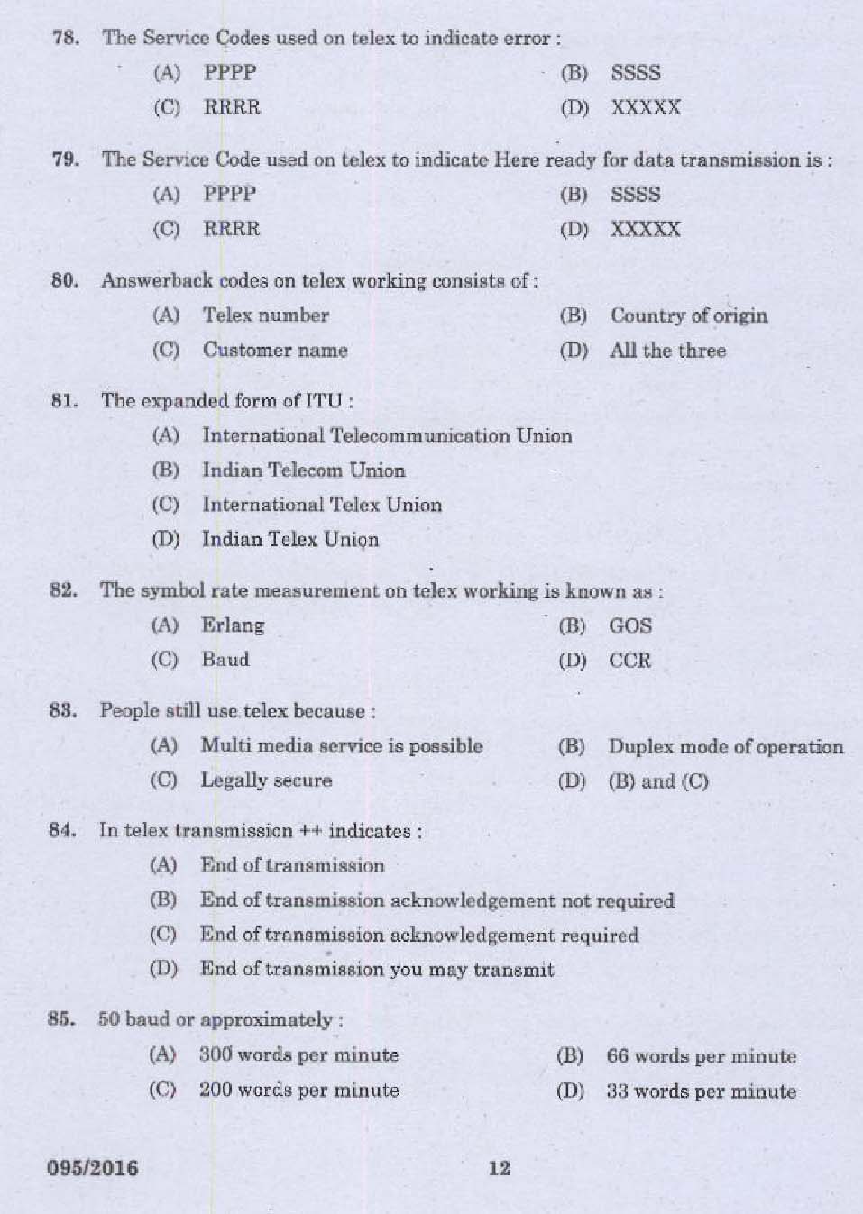 Kerala PSC Telephone Operator Exam Question Code 0952016 10
