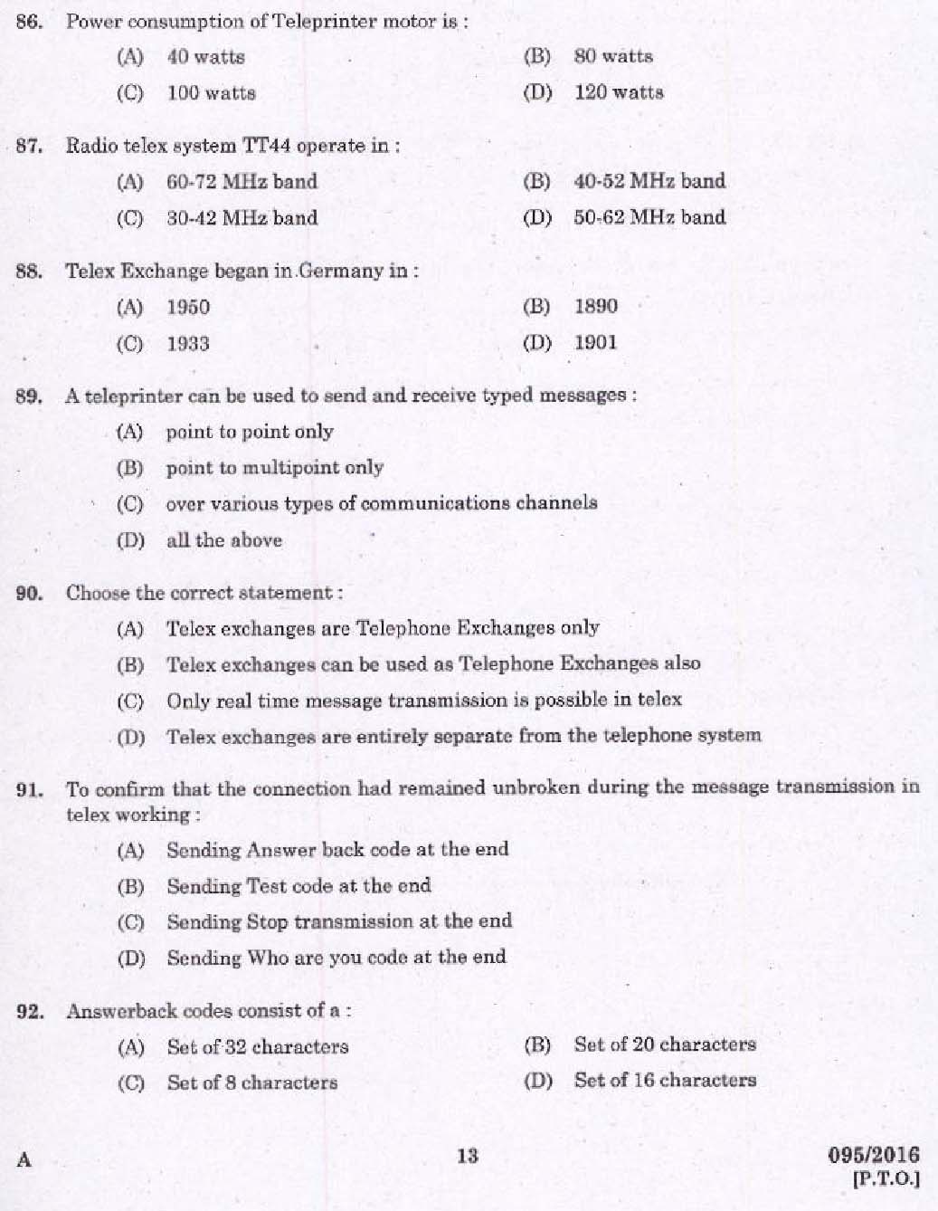 Kerala PSC Telephone Operator Exam Question Code 0952016 11