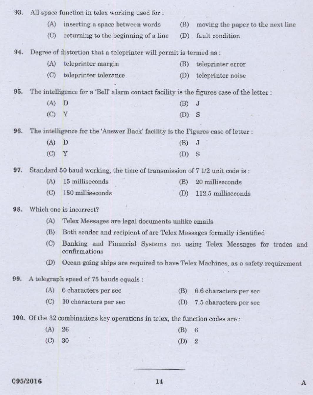 Kerala PSC Telephone Operator Exam Question Code 0952016 12