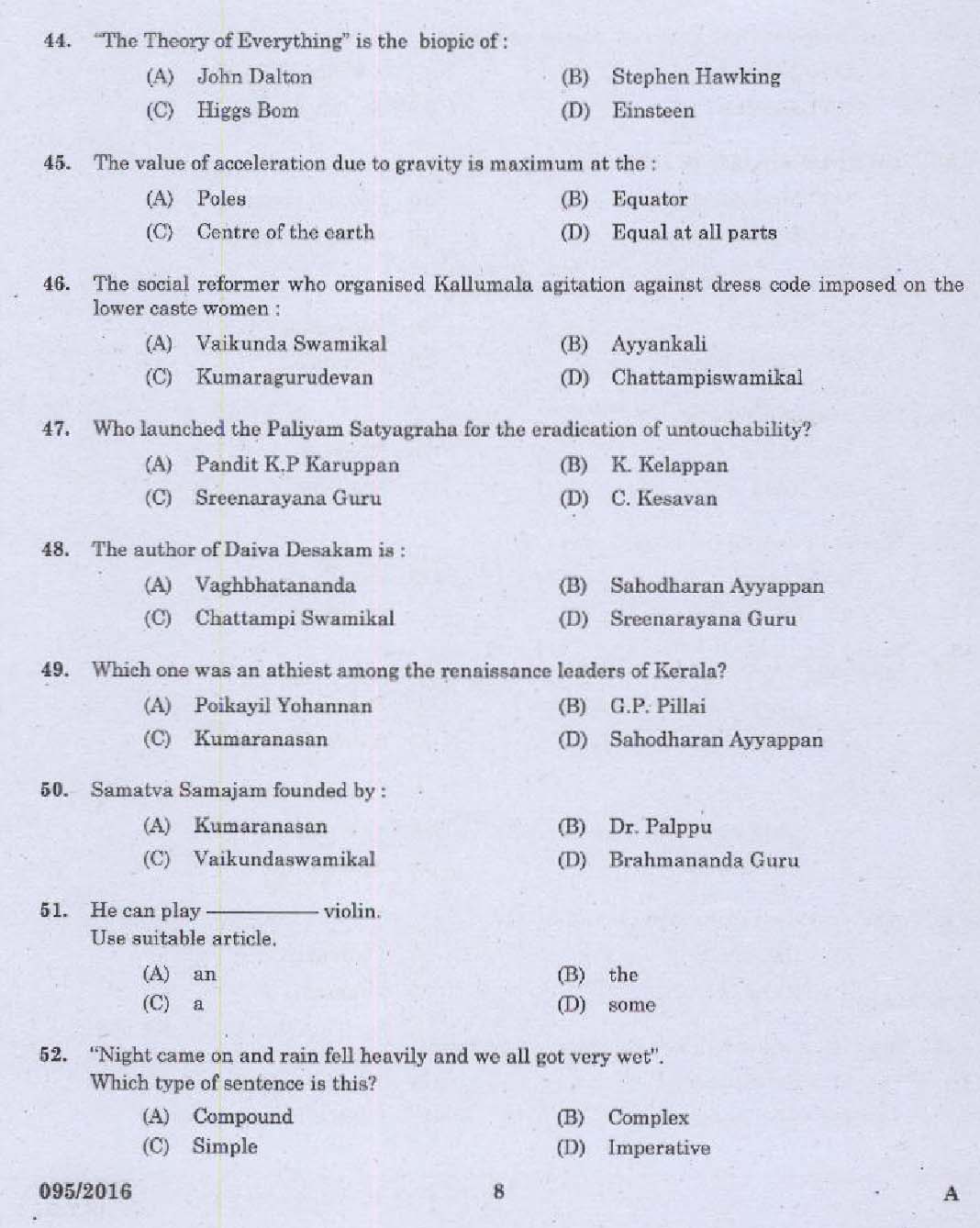 Kerala PSC Telephone Operator Exam Question Code 0952016 6