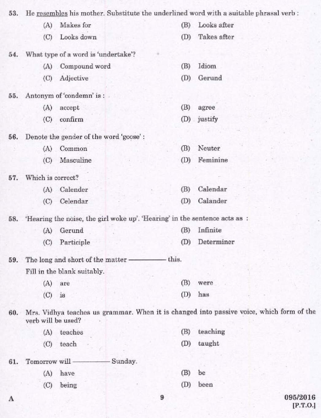 Kerala PSC Telephone Operator Exam Question Code 0952016 7