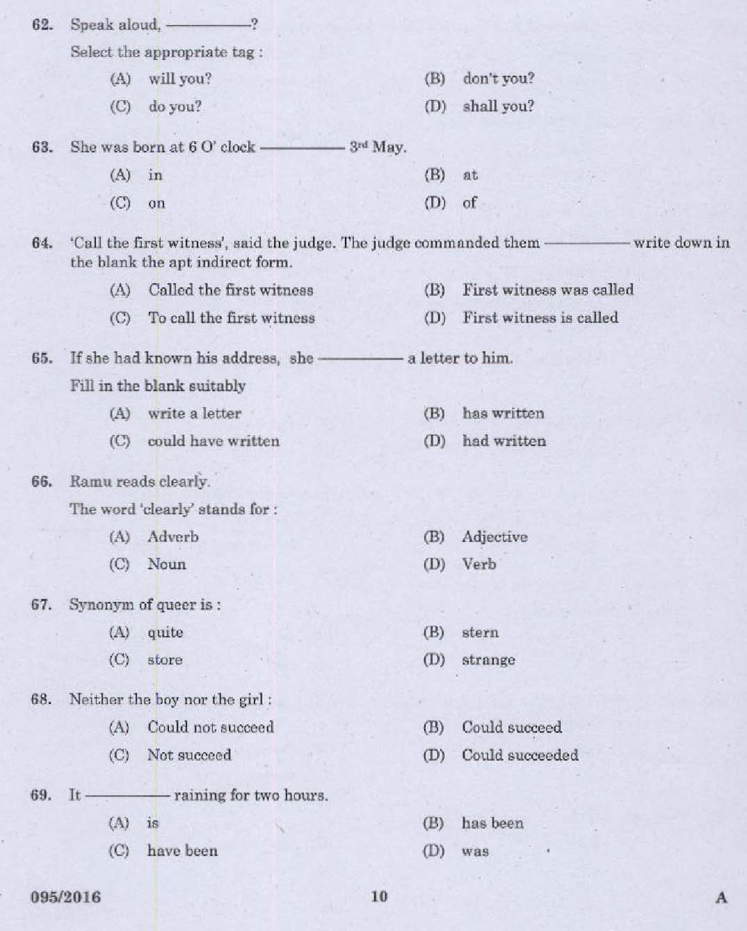 Kerala PSC Telephone Operator Exam Question Code 0952016 8