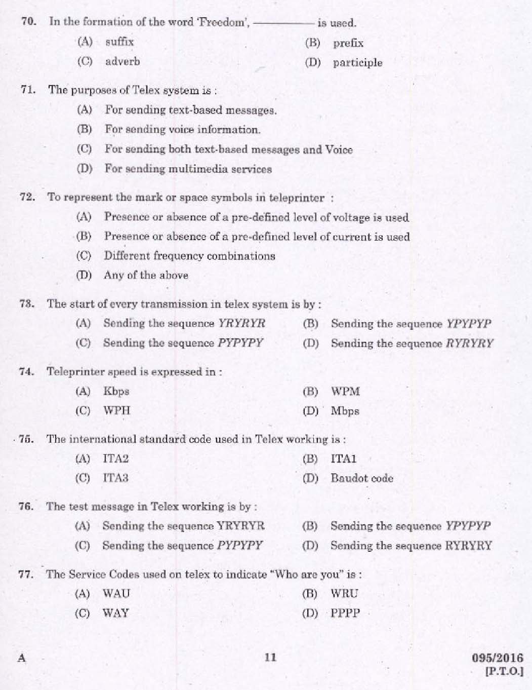 Kerala PSC Telephone Operator Exam Question Code 0952016 9