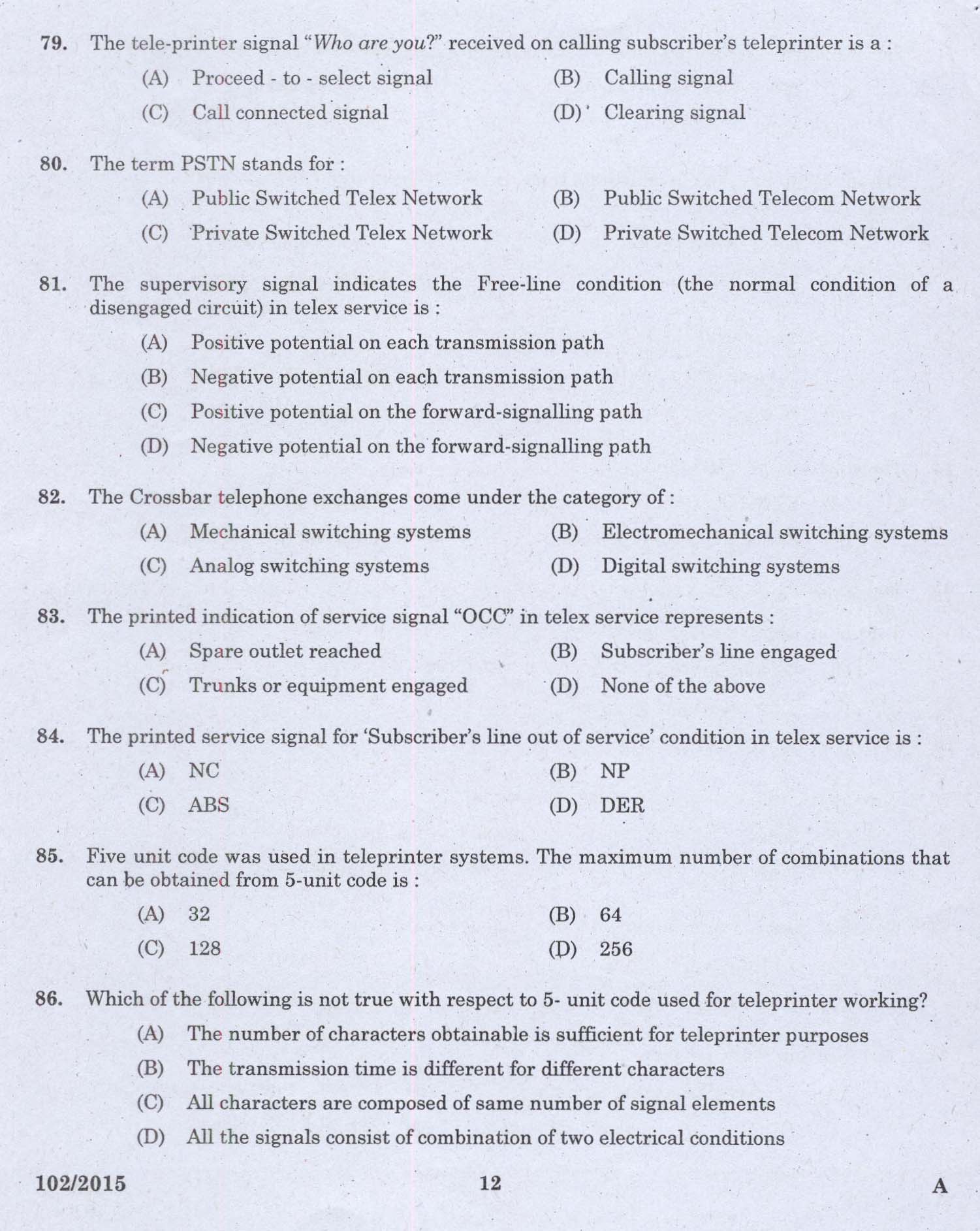 Kerala PSC Telephone Operator Exam Question Code 1022015 10