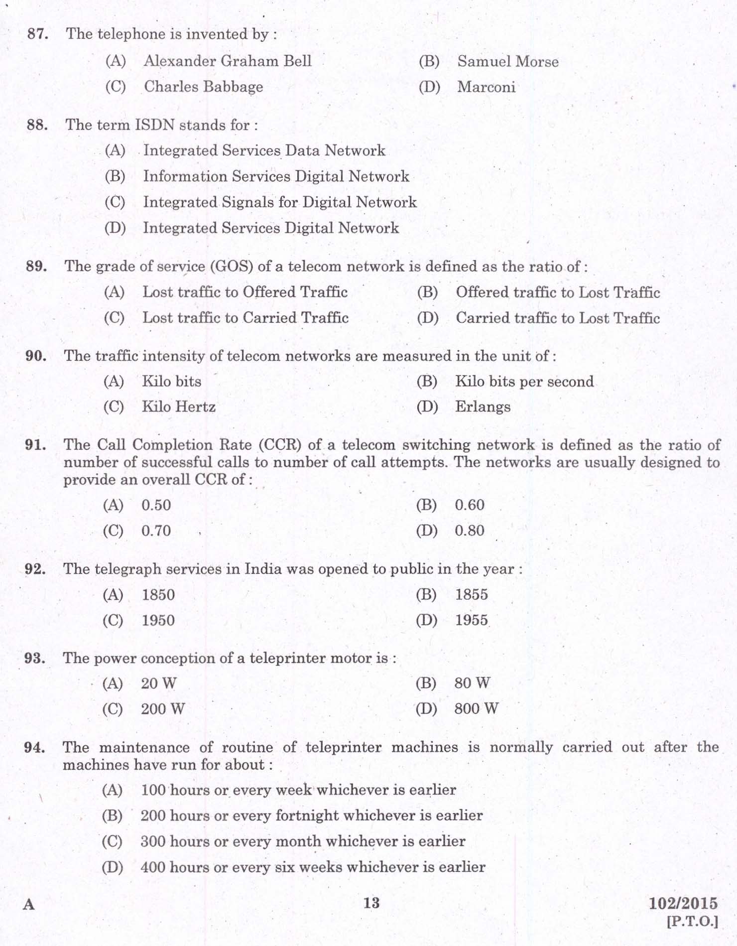 Kerala PSC Telephone Operator Exam Question Code 1022015 11