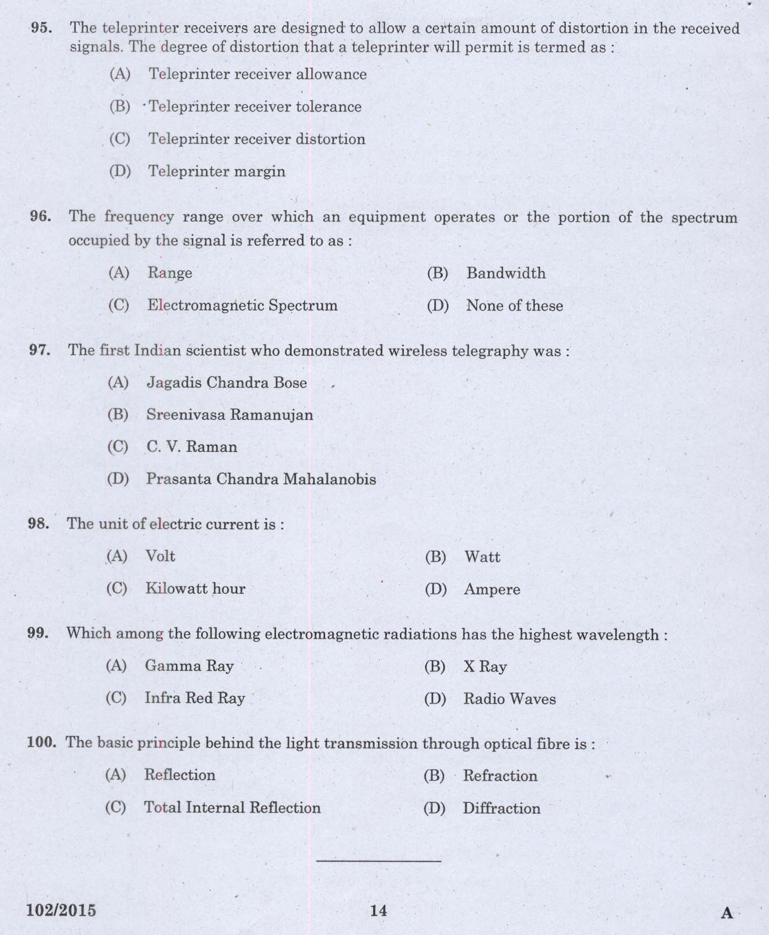 Kerala PSC Telephone Operator Exam Question Code 1022015 12