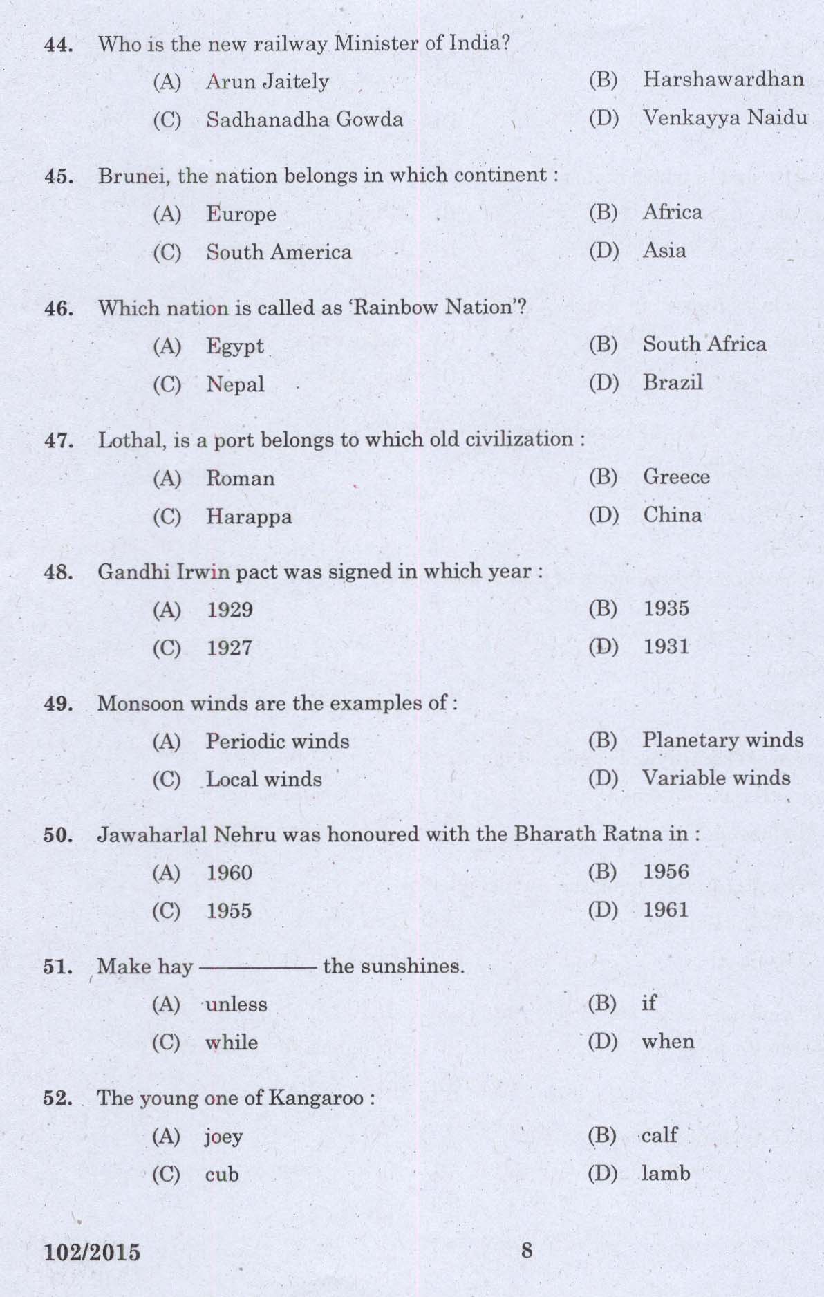 Kerala PSC Telephone Operator Exam Question Code 1022015 6