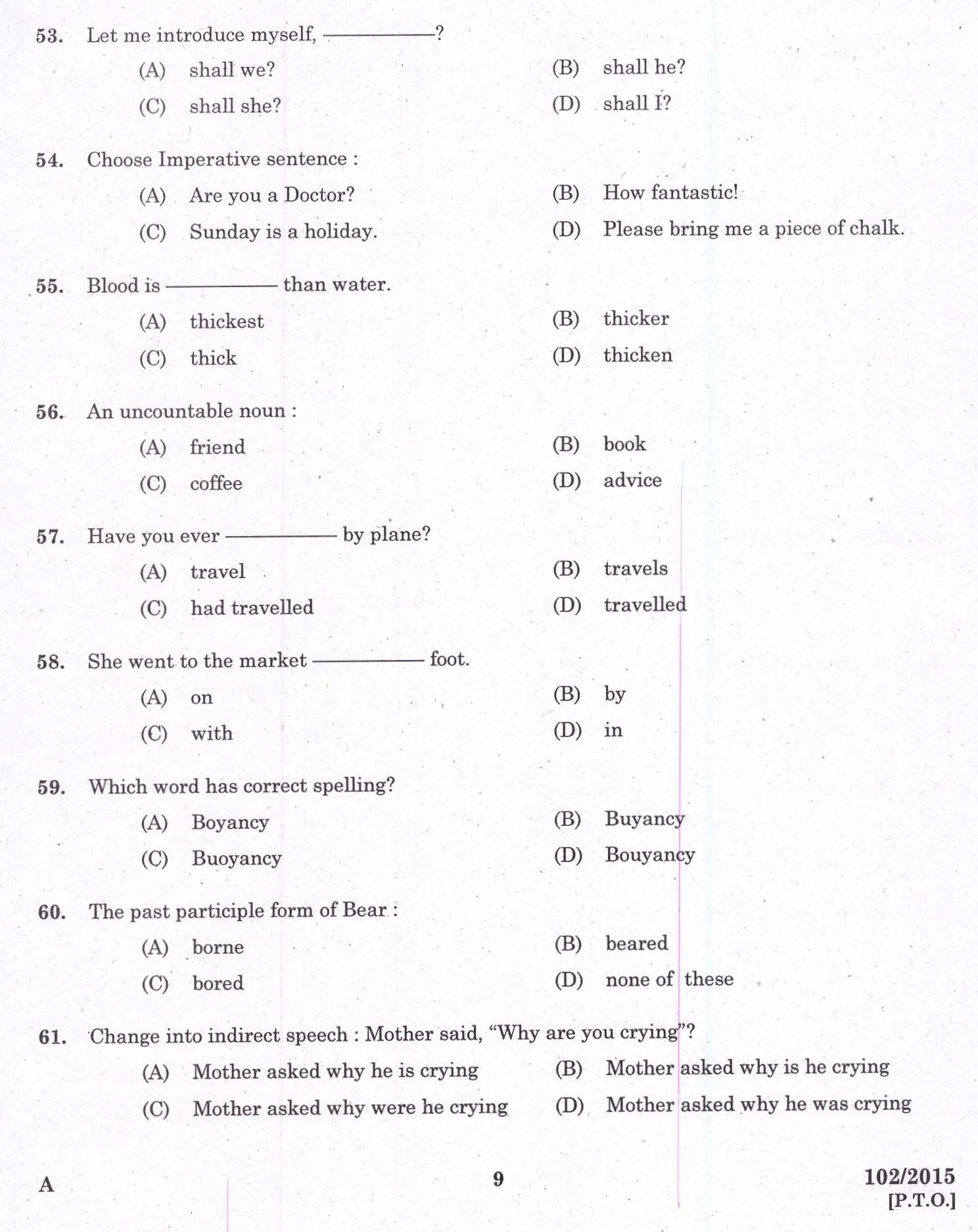 Kerala PSC Telephone Operator Exam Question Code 1022015 7
