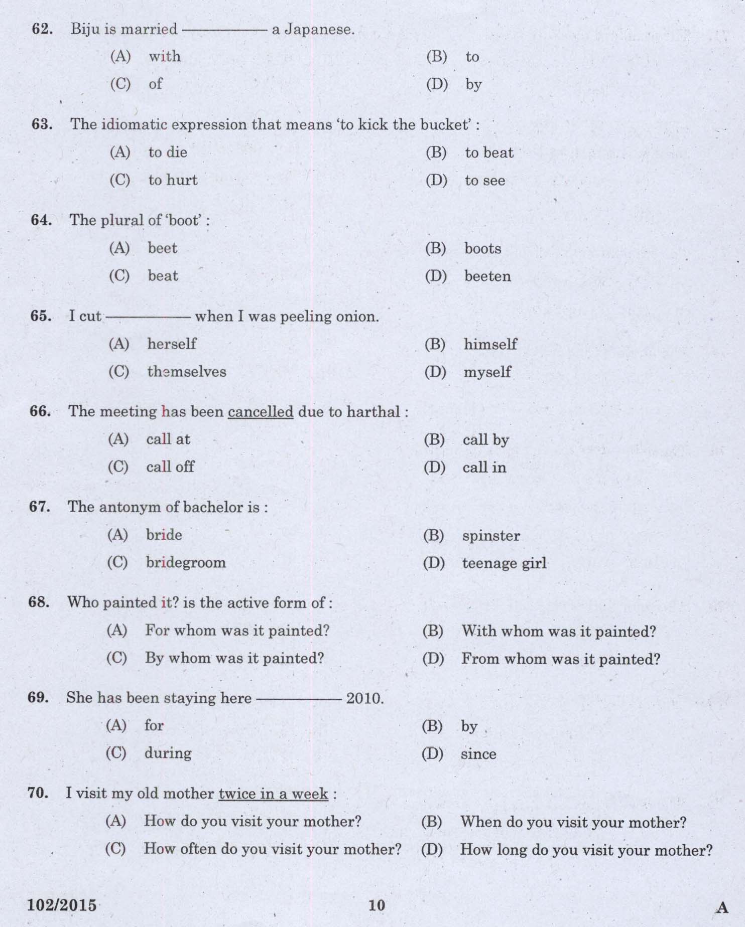 Kerala PSC Telephone Operator Exam Question Code 1022015 8