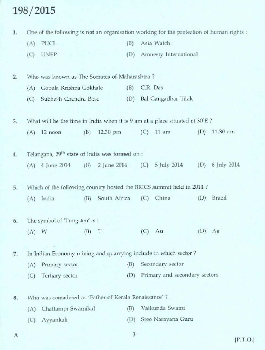 Kerala PSC Telephone Operator Exam Question Code 1982015 1
