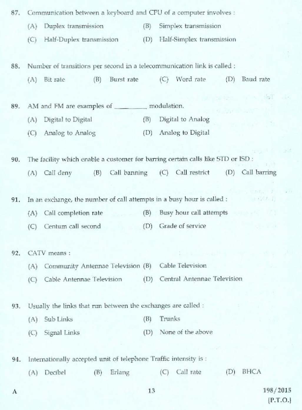 Kerala PSC Telephone Operator Exam Question Code 1982015 11