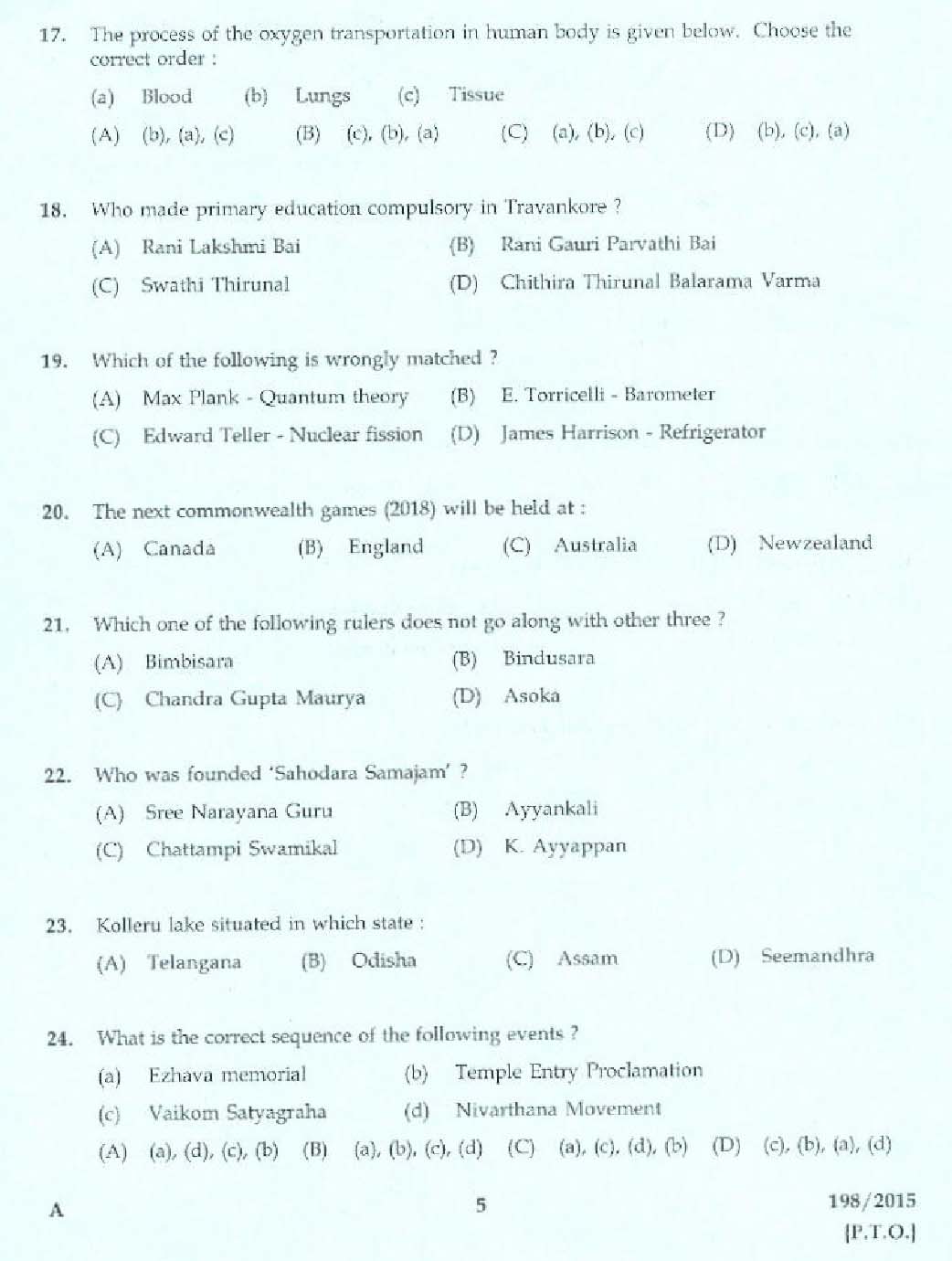 Kerala PSC Telephone Operator Exam Question Code 1982015 3