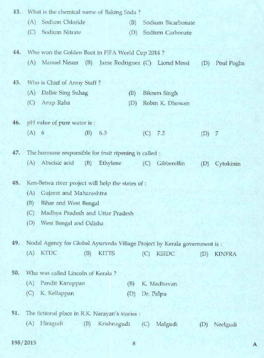 Kerala PSC Telephone Operator Exam Question Code 1982015 6