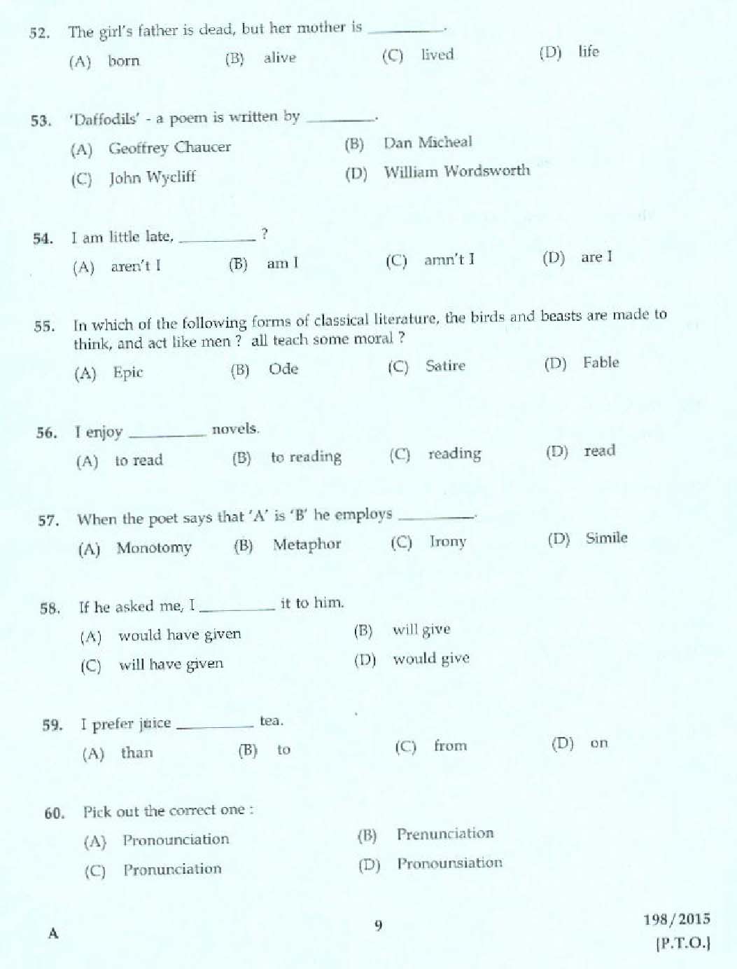 Kerala PSC Telephone Operator Exam Question Code 1982015 7