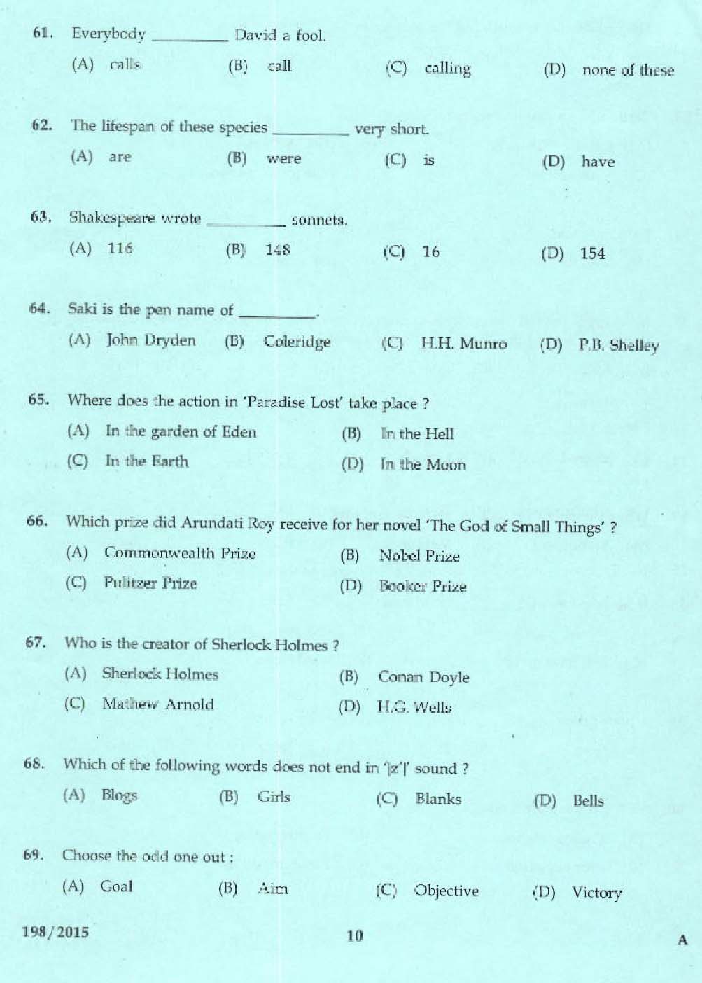 Kerala PSC Telephone Operator Exam Question Code 1982015 8