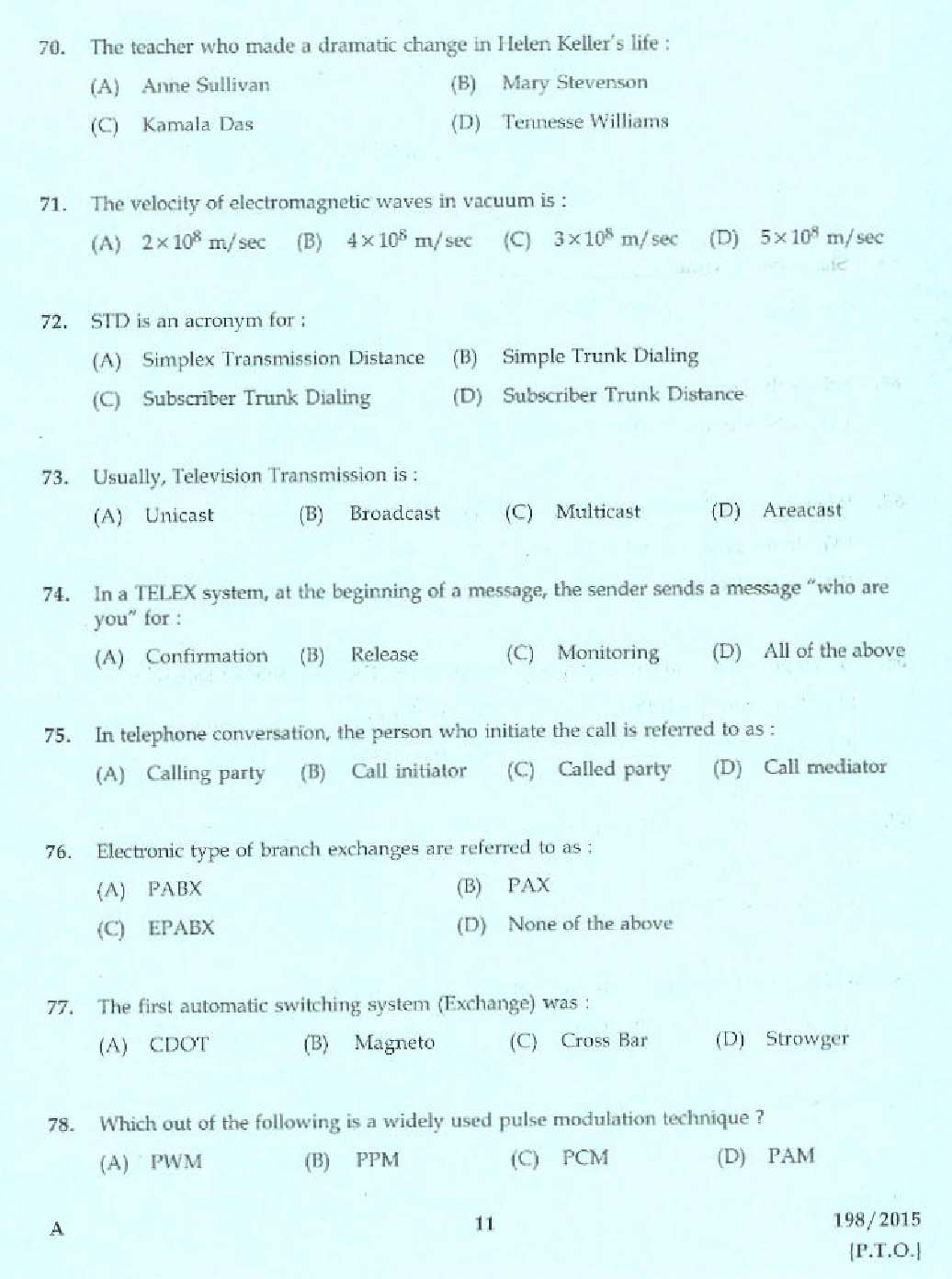Kerala PSC Telephone Operator Exam Question Code 1982015 9