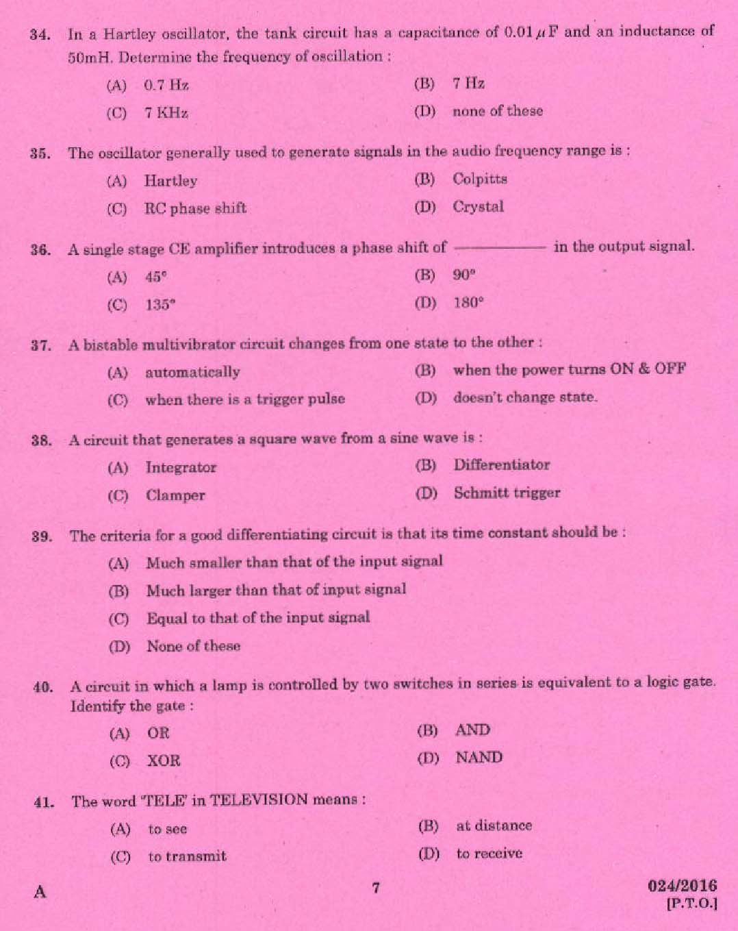 Kerala PSC Tradesman Exam Question Code 0242016 5