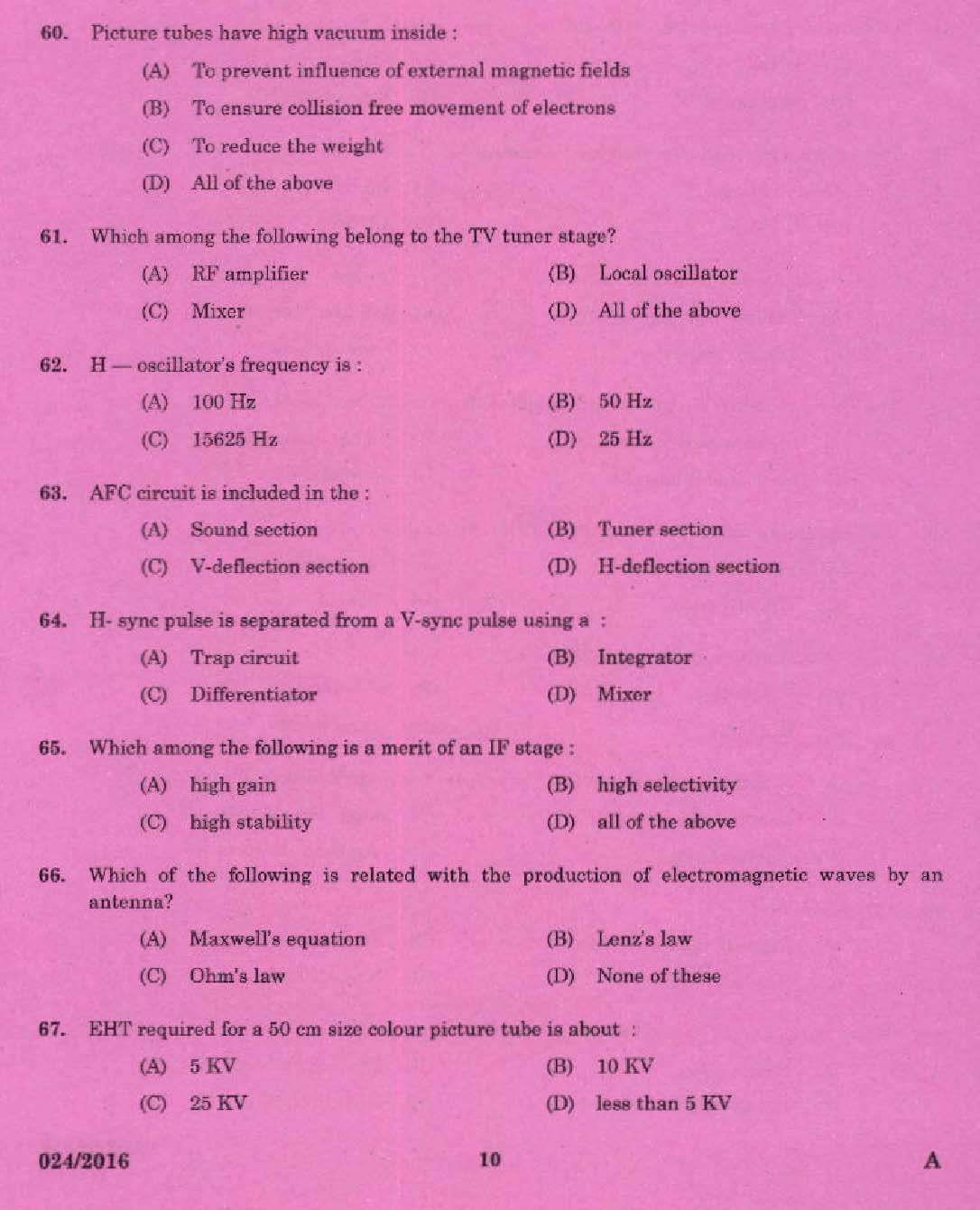 Kerala PSC Tradesman Exam Question Code 0242016 8