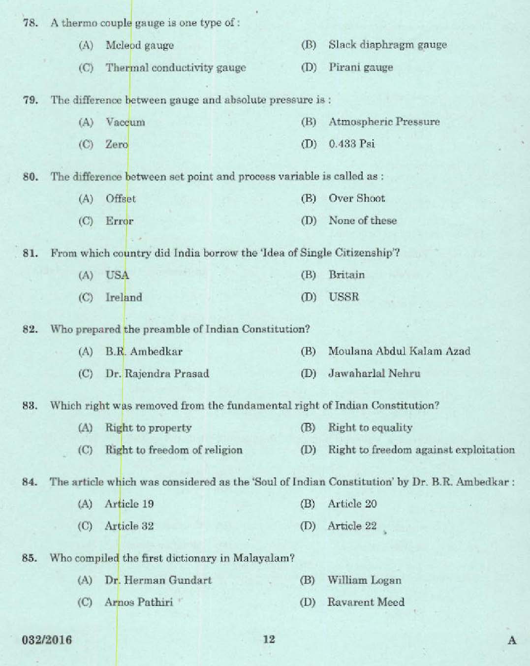 Kerala PSC Tradesman Exam Question Code 0322016 10