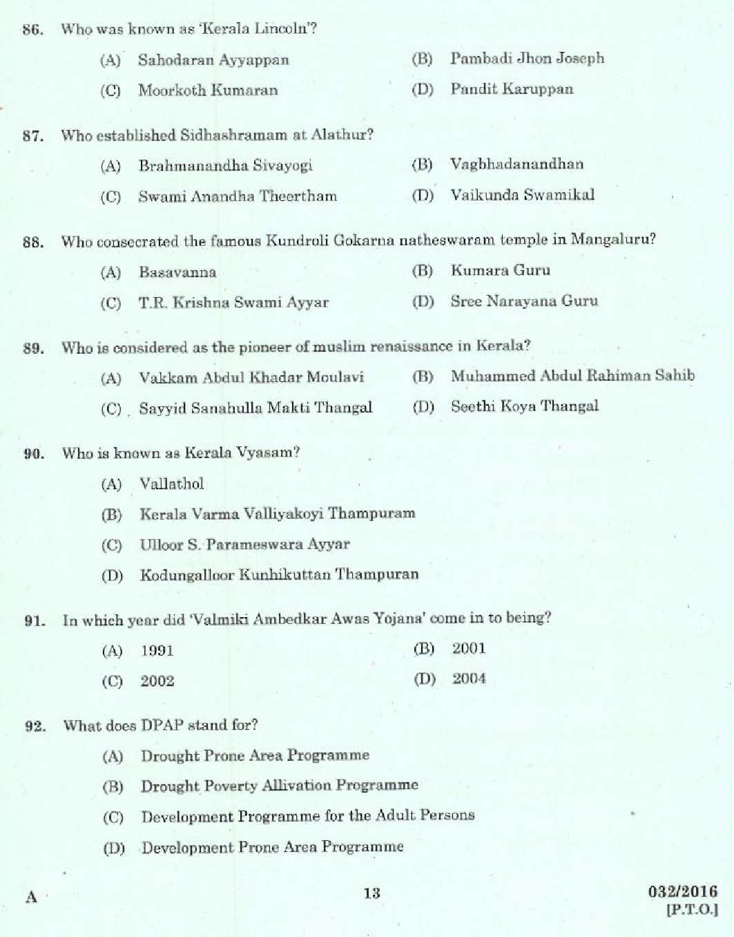 Kerala PSC Tradesman Exam Question Code 0322016 11