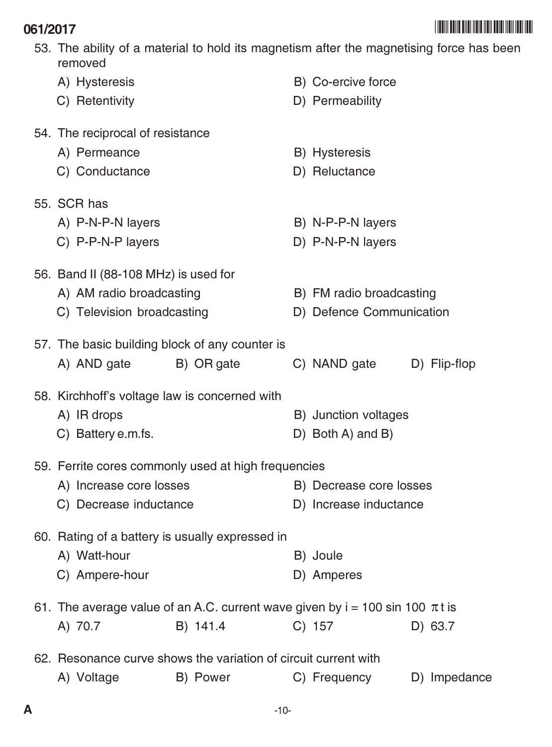 Kerala PSC Tradesman Exam Question Code 0612017 9