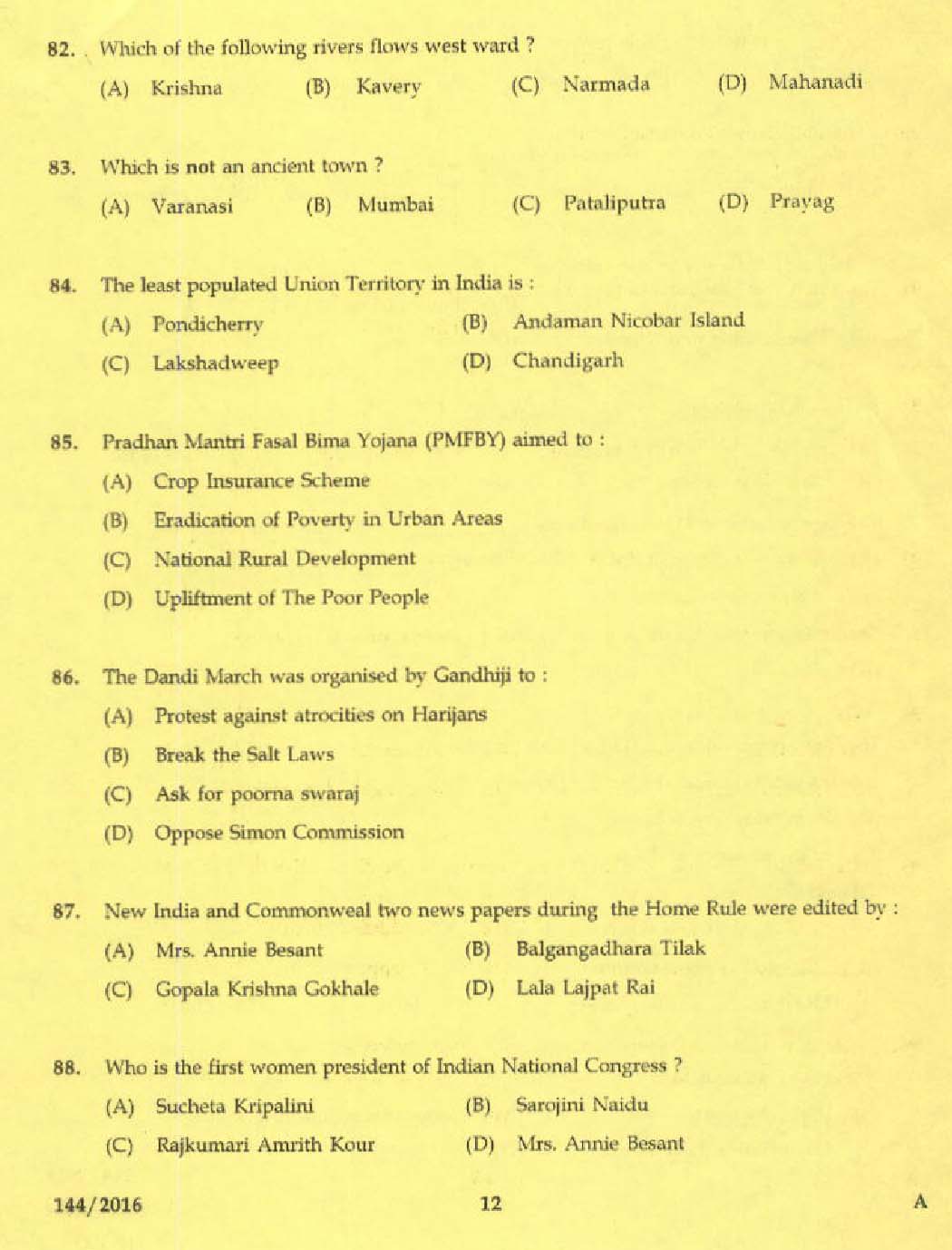Kerala PSC Tradesman Exam Question Code 1442016 10