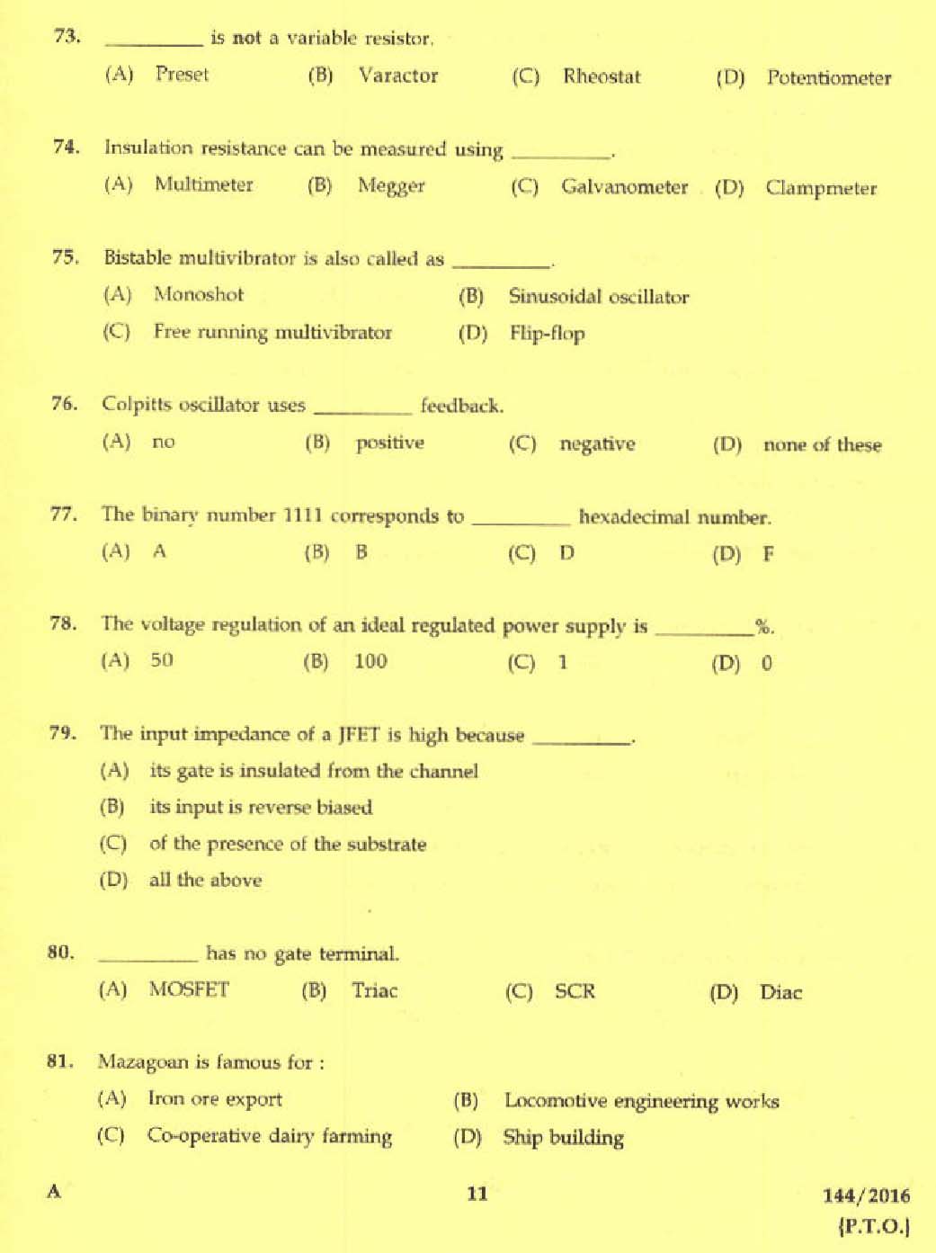 Kerala PSC Tradesman Exam Question Code 1442016 9